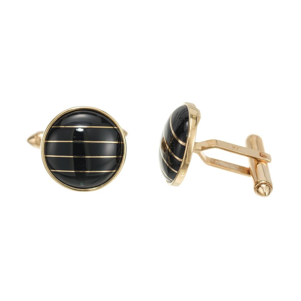 Round Cut Black Onyx Yellow Gold Domed Cufflinks  For Sale