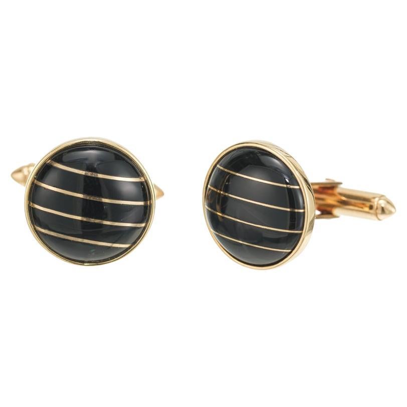 Black Onyx Yellow Gold Domed Cufflinks  For Sale