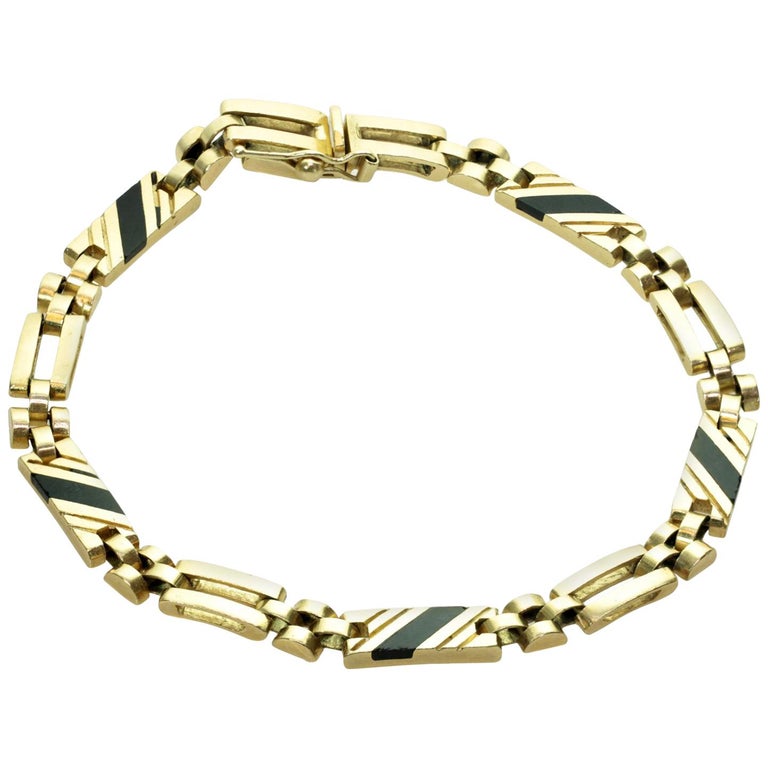 Black Onyx Yellow Gold Link Unisex Bracelet For Sale at 1stDibs