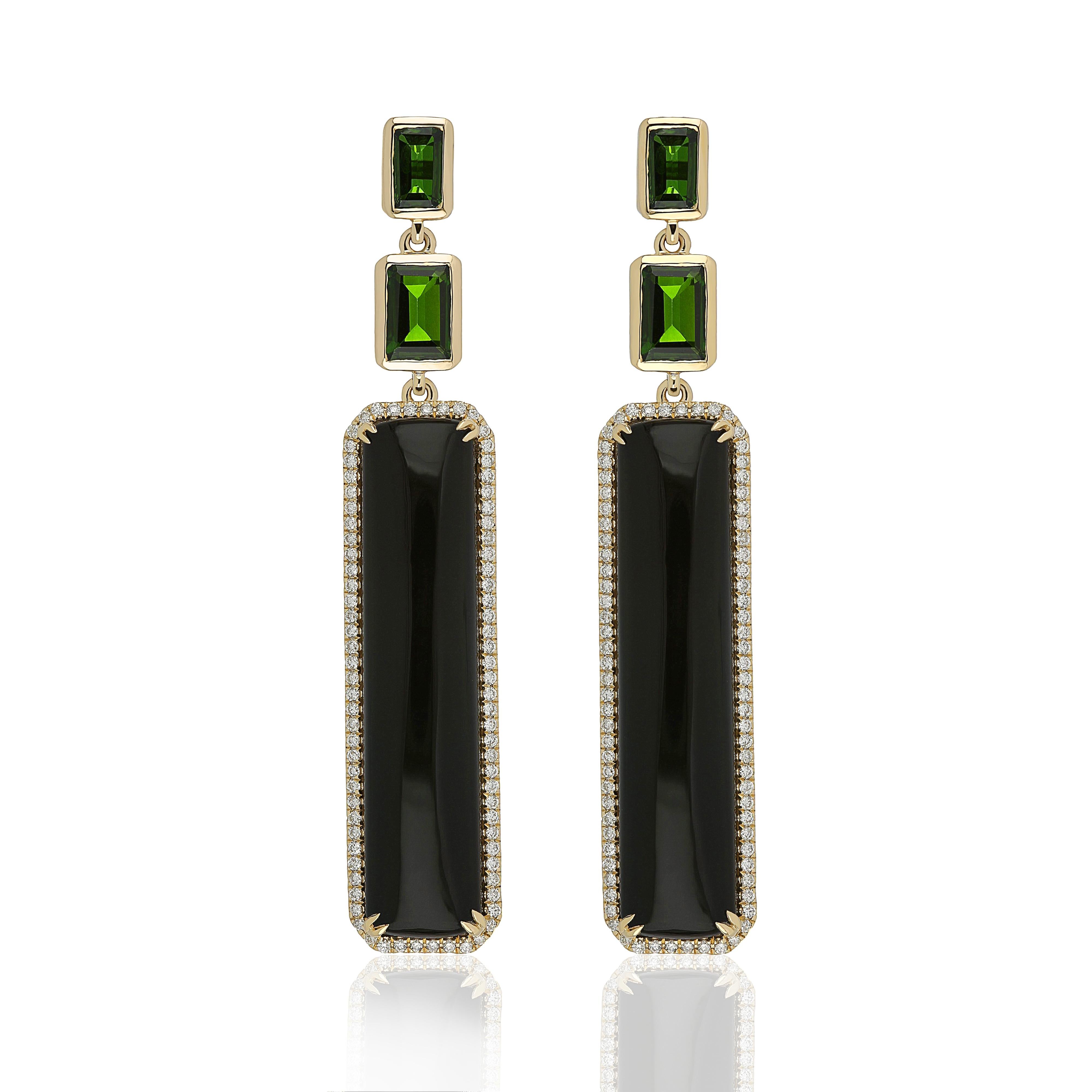Elegant and exquisitely detailed 14 Karat Yellow Gold Earring, center set with 17.95Cts .Octagon Shape Black Onyx with Chrome Diopside  with 3.34 Cts and micro pave set Diamonds, weighing approx. 0.580Cts Beautifully Hand crafted in 14 Karat Yellow
