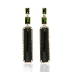 Black Onyx, Chrome Diopside and Diamond Handcraft Earring 14 Karat Yellow Gold