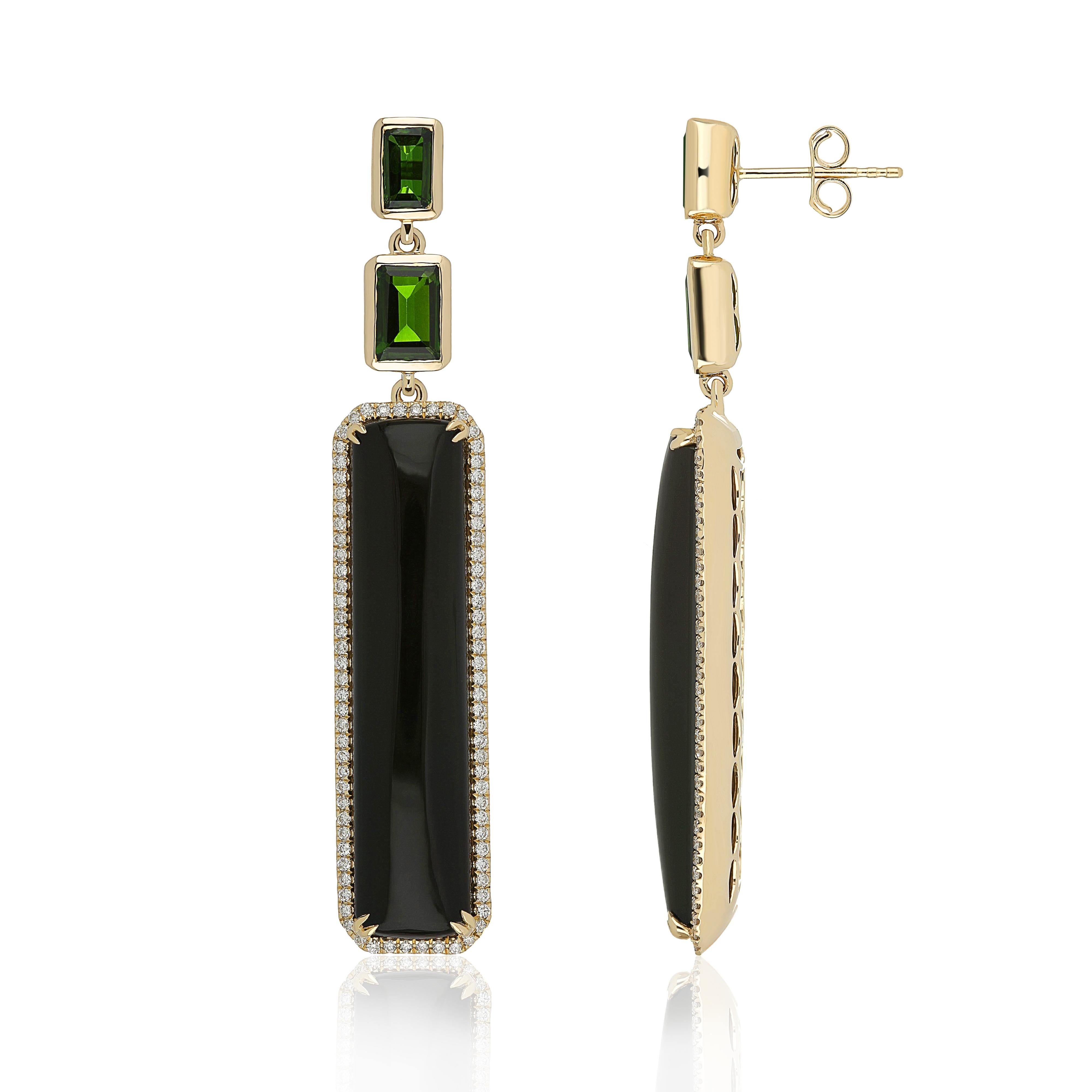 Octagon Cut Black Onyx, Chrome Diopside and Diamond Handcraft Earring 14 Karat Yellow Gold For Sale
