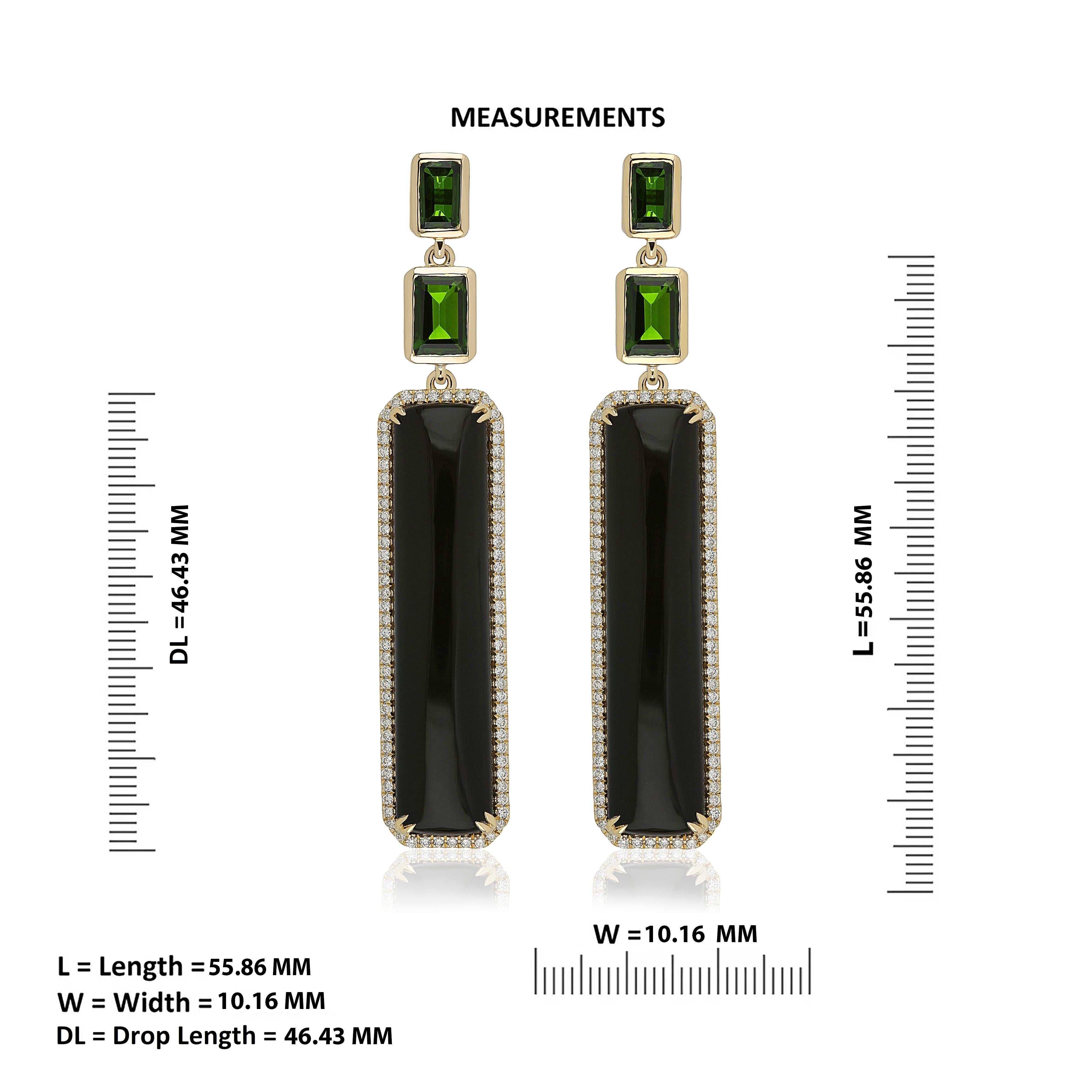 Black Onyx, Chrome Diopside and Diamond Handcraft Earring 14 Karat Yellow Gold In New Condition For Sale In JAIPUR, IN