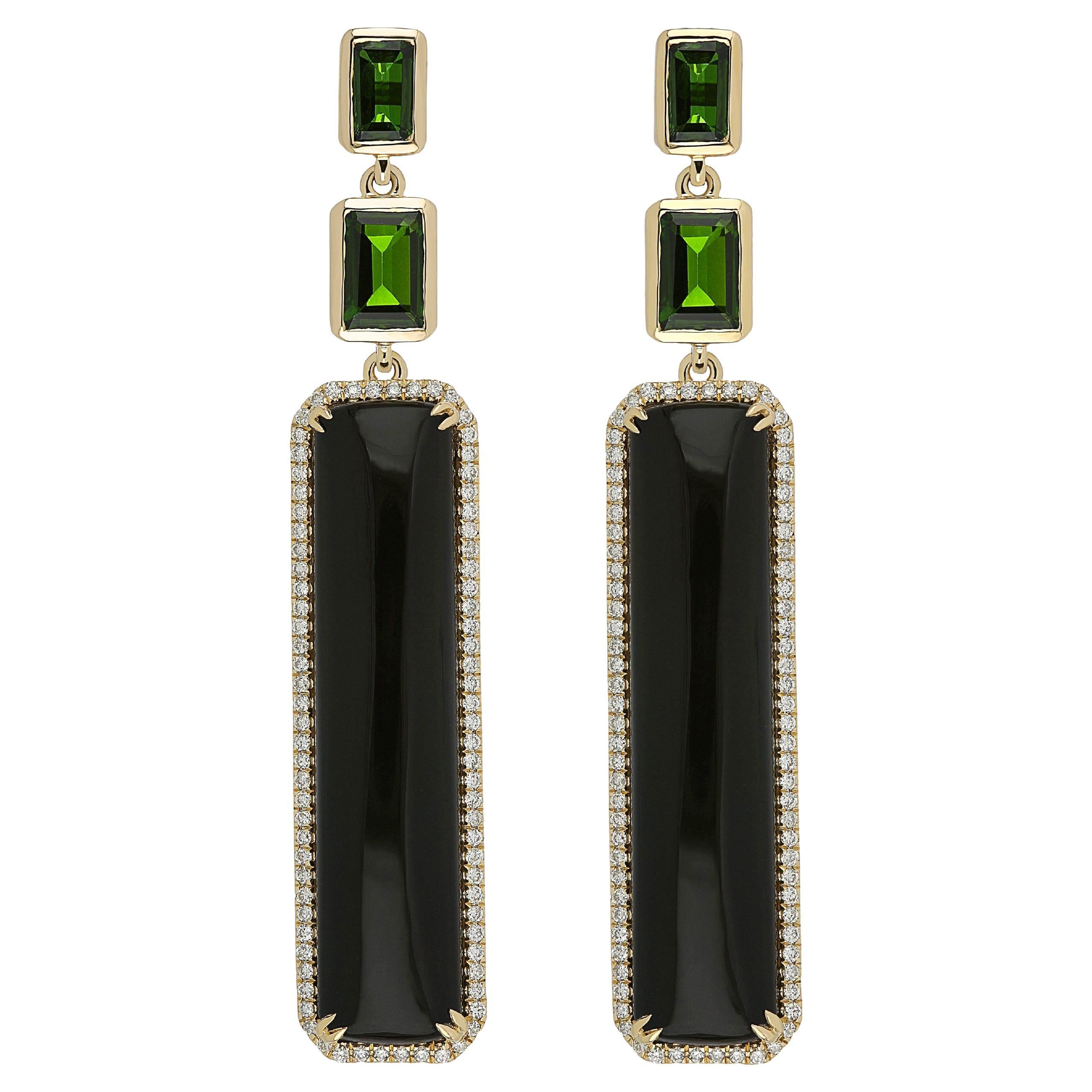 Black Onyx, Chrome Diopside and Diamond Handcraft Earring 14 Karat Yellow Gold For Sale