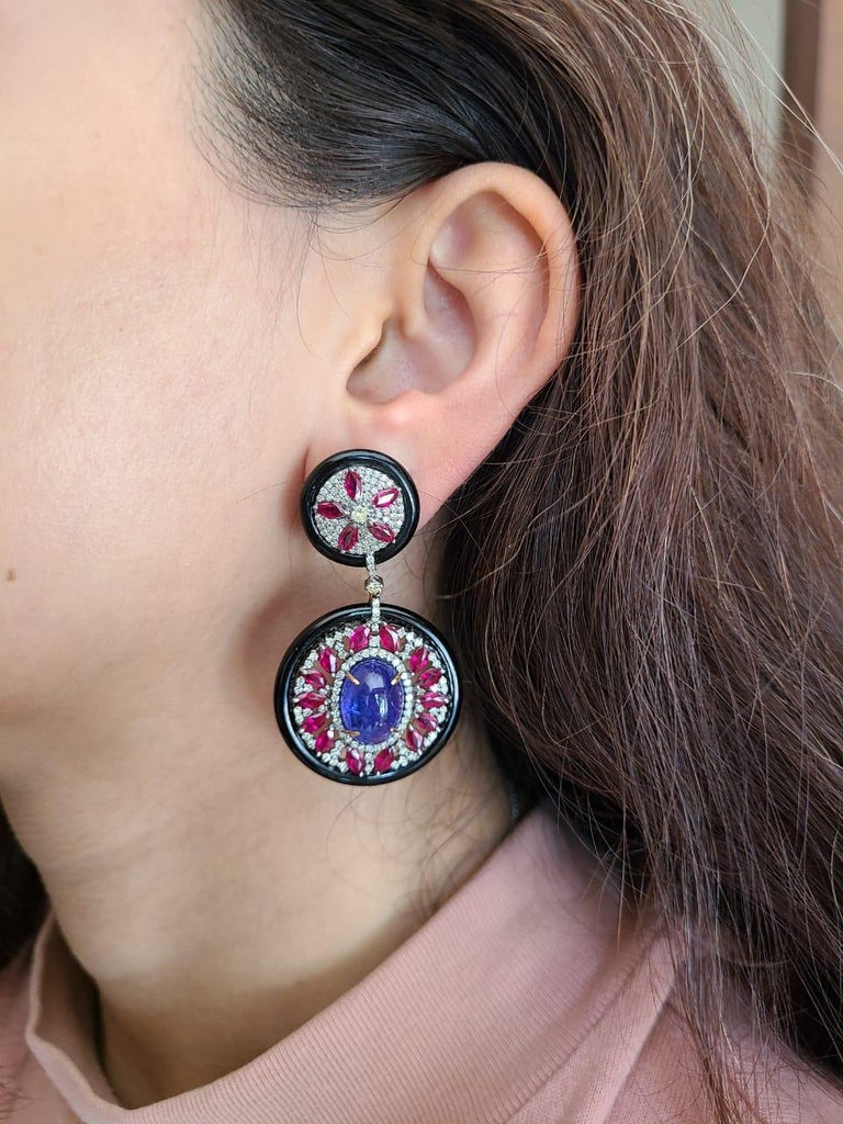 Black Onyx,Ruby,Tanzanite & Diamonds Victorian Earrings Set in 14K Gold & Silver In New Condition For Sale In Hong Kong, HK