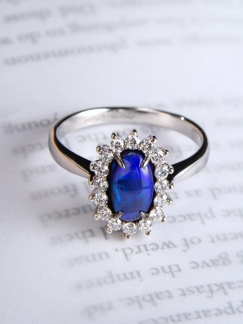 Women's or Men's Black Opal Gold Diamond Ring Style Natural Electric Blue Gem For Sale