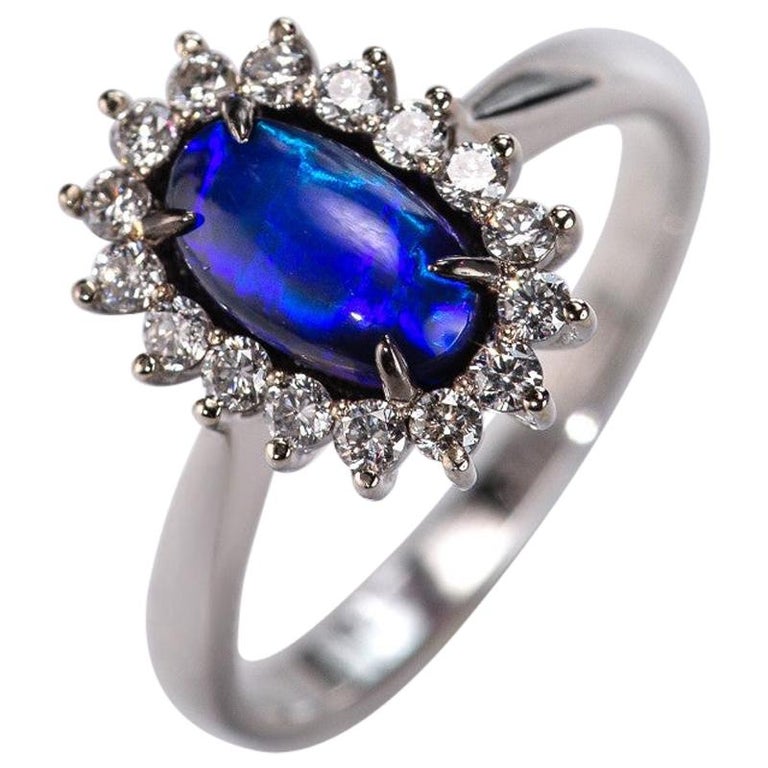 Black Opal 14K Gold Diamond Ring Princess Diana Style Natural Electric Blue  Gem For Sale at 1stDibs