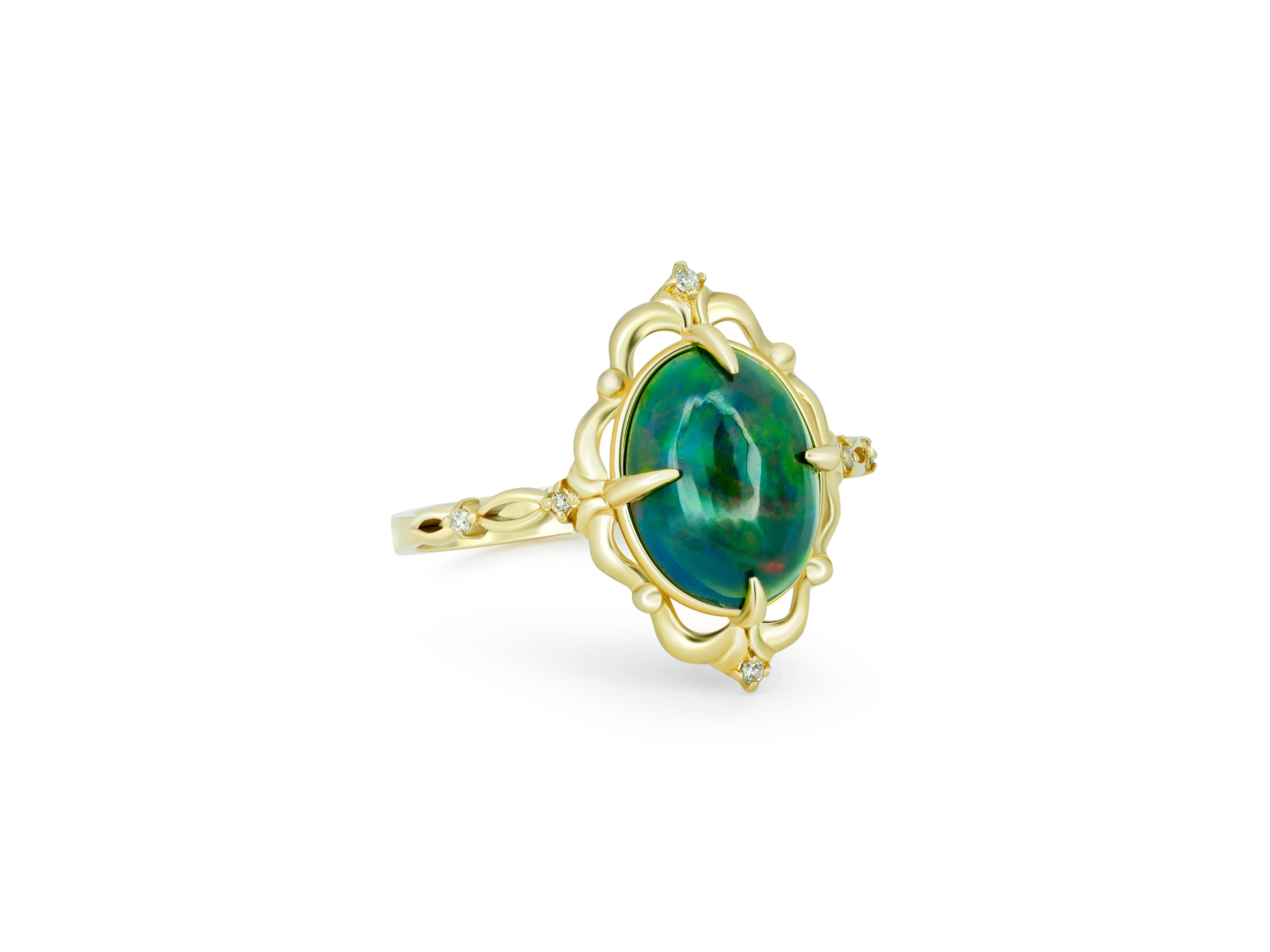 Black opal 14k gold ring. 
Rainbow opal ring. Cabochon opal ring. Vintage opal ring. Ethiopian Opal Engagement Ring. Art-deco opal ring.

Metal: 14k  gold 
Weight: 2.45 g. depends from size.

Gemstones: 
Solid Opal: oval cabochon shape, mix color,