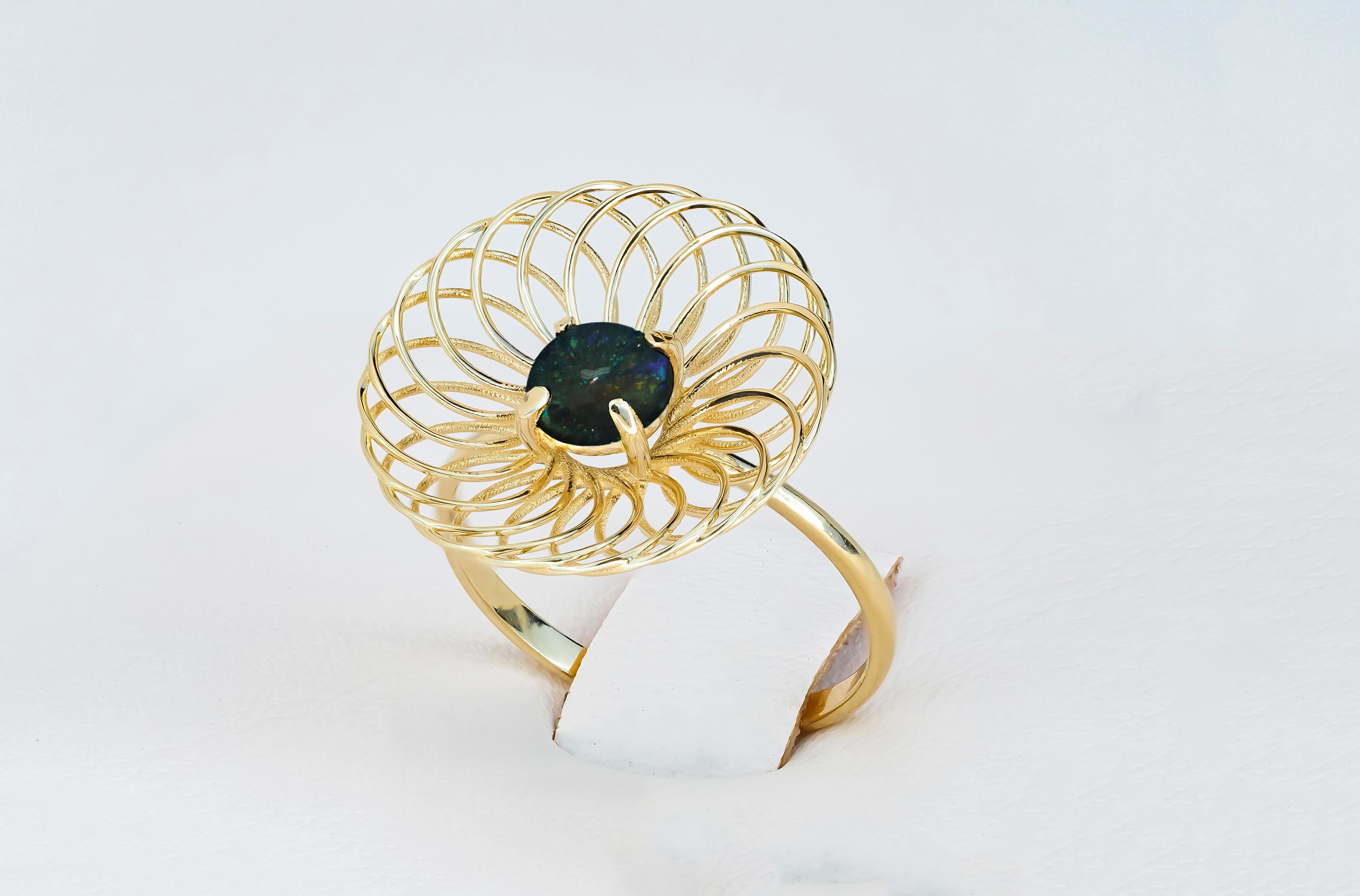 For Sale:  Black Opal 14k Gold Ring, Multicolor Opal Ring 8