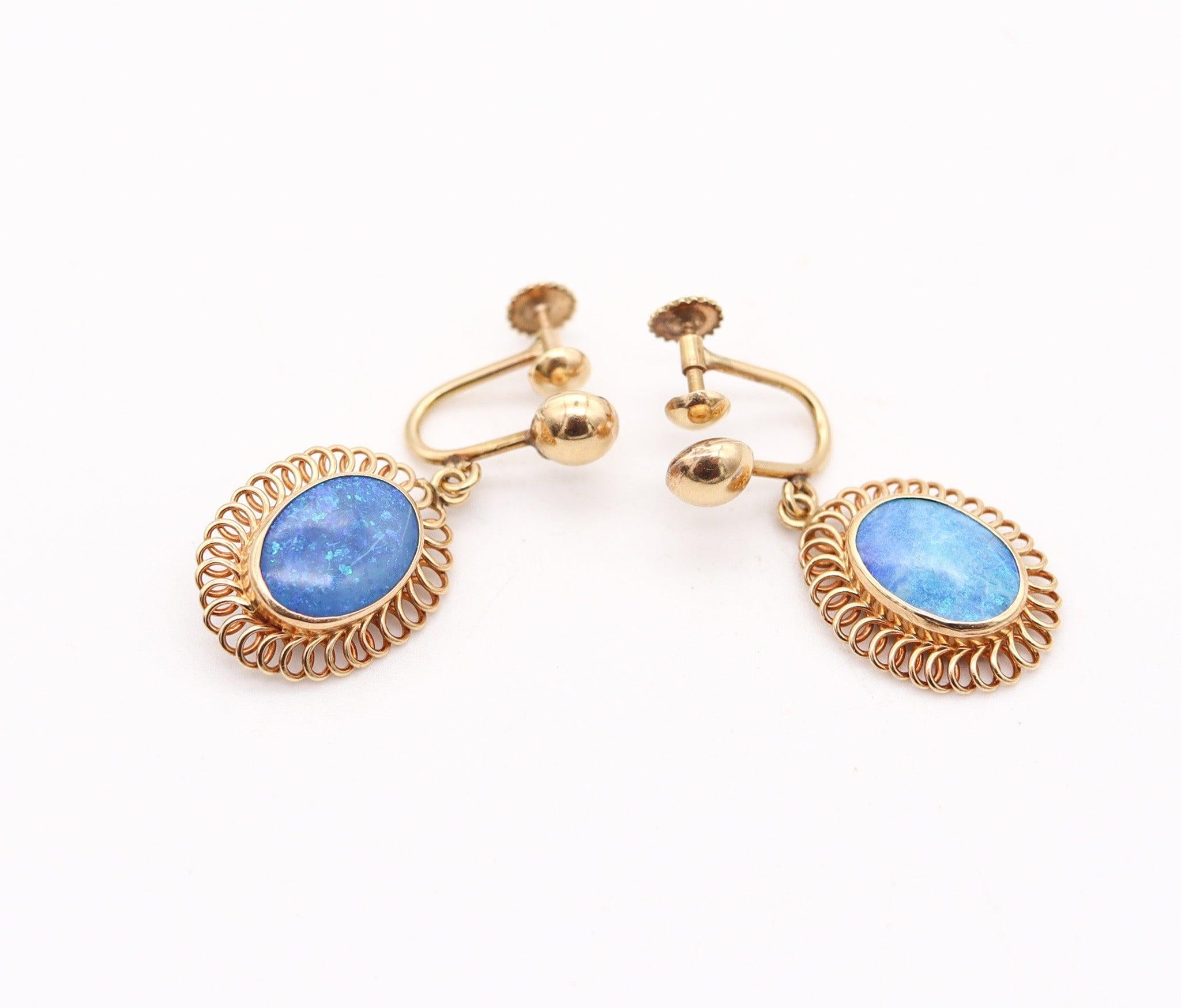 Modernist BLACK OPAL 1940 European Vintage Dangle Earrings In 14Kt Yellow Gold For Sale