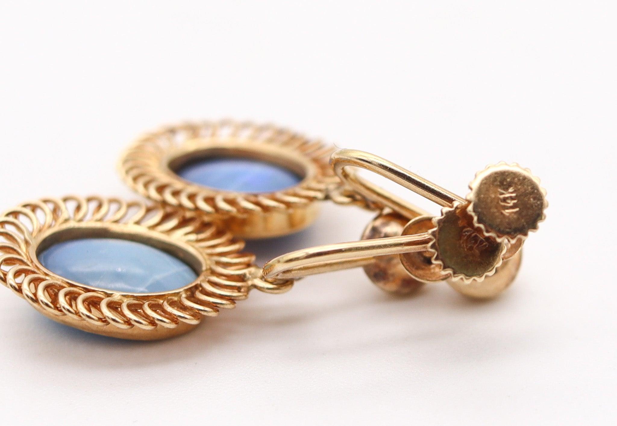 Women's BLACK OPAL 1940 European Vintage Dangle Earrings In 14Kt Yellow Gold For Sale