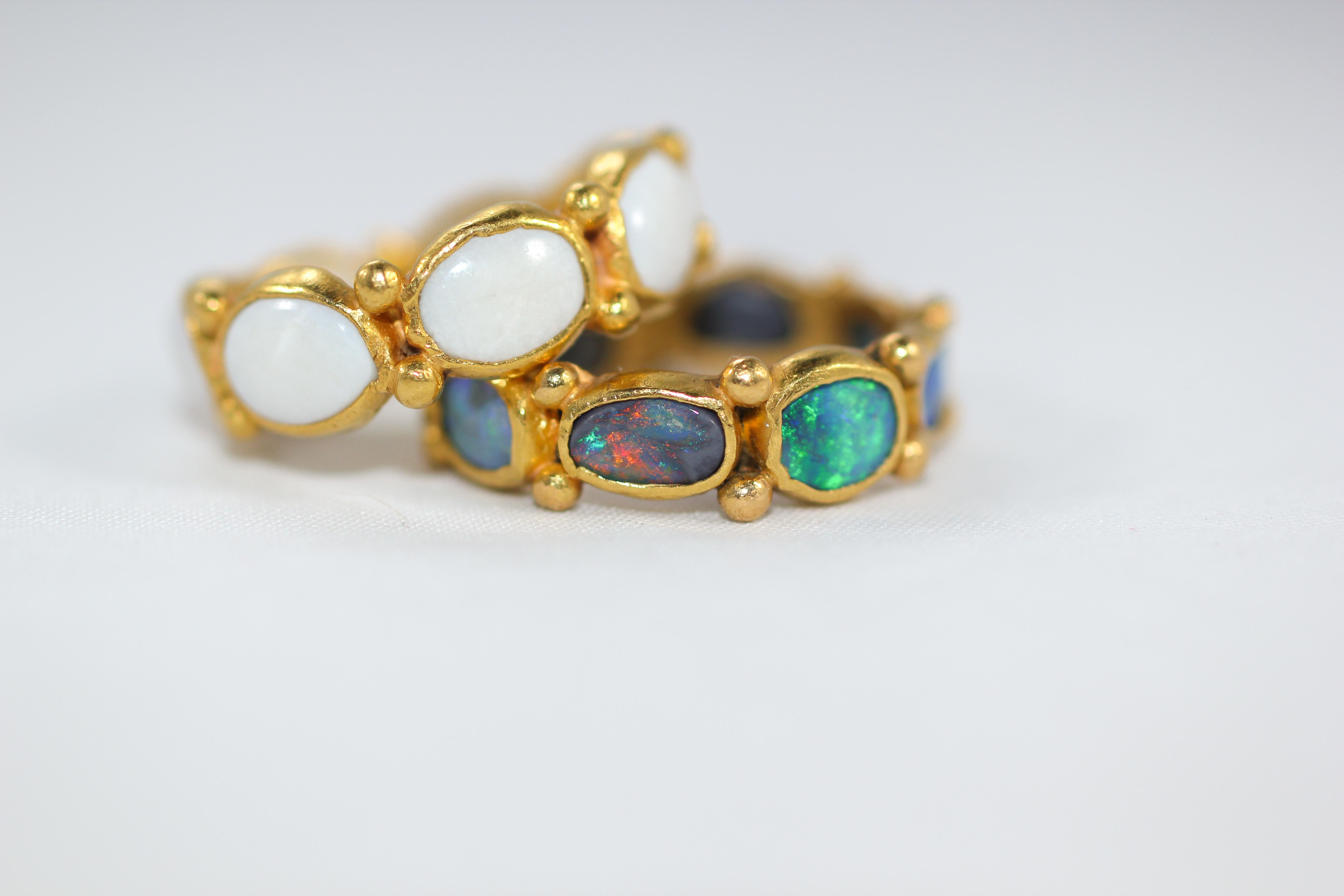 Black Opal 22 Karat Gold Bezel Band Fashion Ring One of a Kind Handmade Jewelry For Sale 1