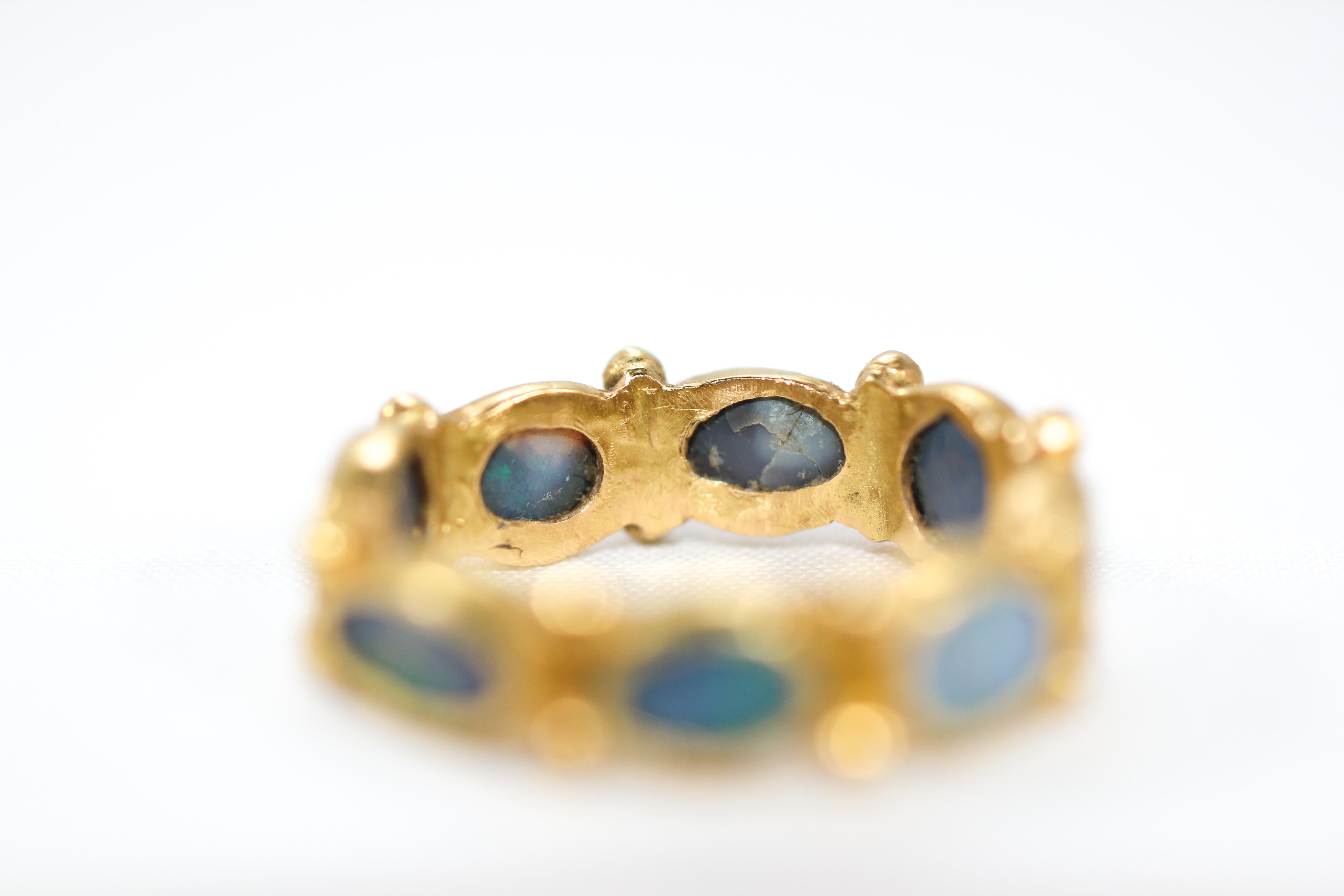 Contemporary Black Opal 22 Karat Gold Bezel Band Fashion Ring One of a Kind Handmade Jewelry For Sale