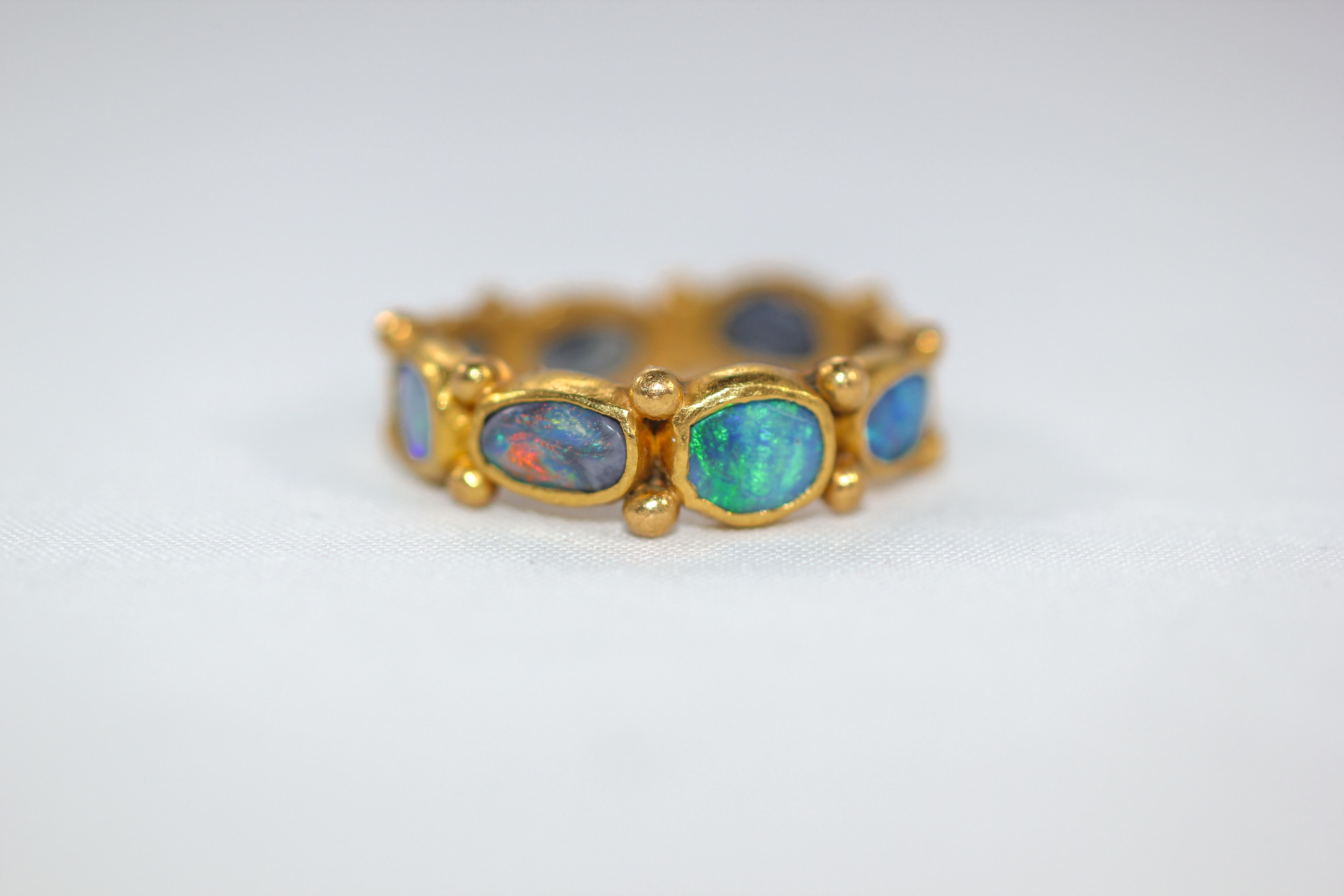 Oval Cut Black Opal 22 Karat Gold Bezel Band Fashion Ring One of a Kind Handmade Jewelry For Sale