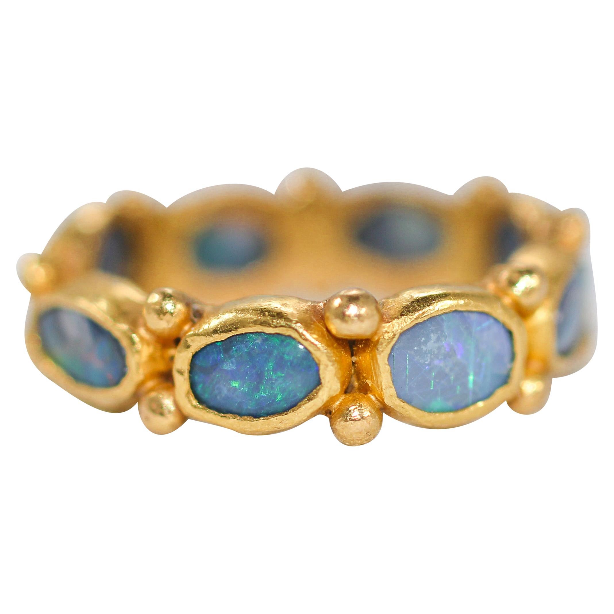 Black Opal 22 Karat Gold Bezel Band Fashion Ring One of a Kind Handmade Jewelry For Sale