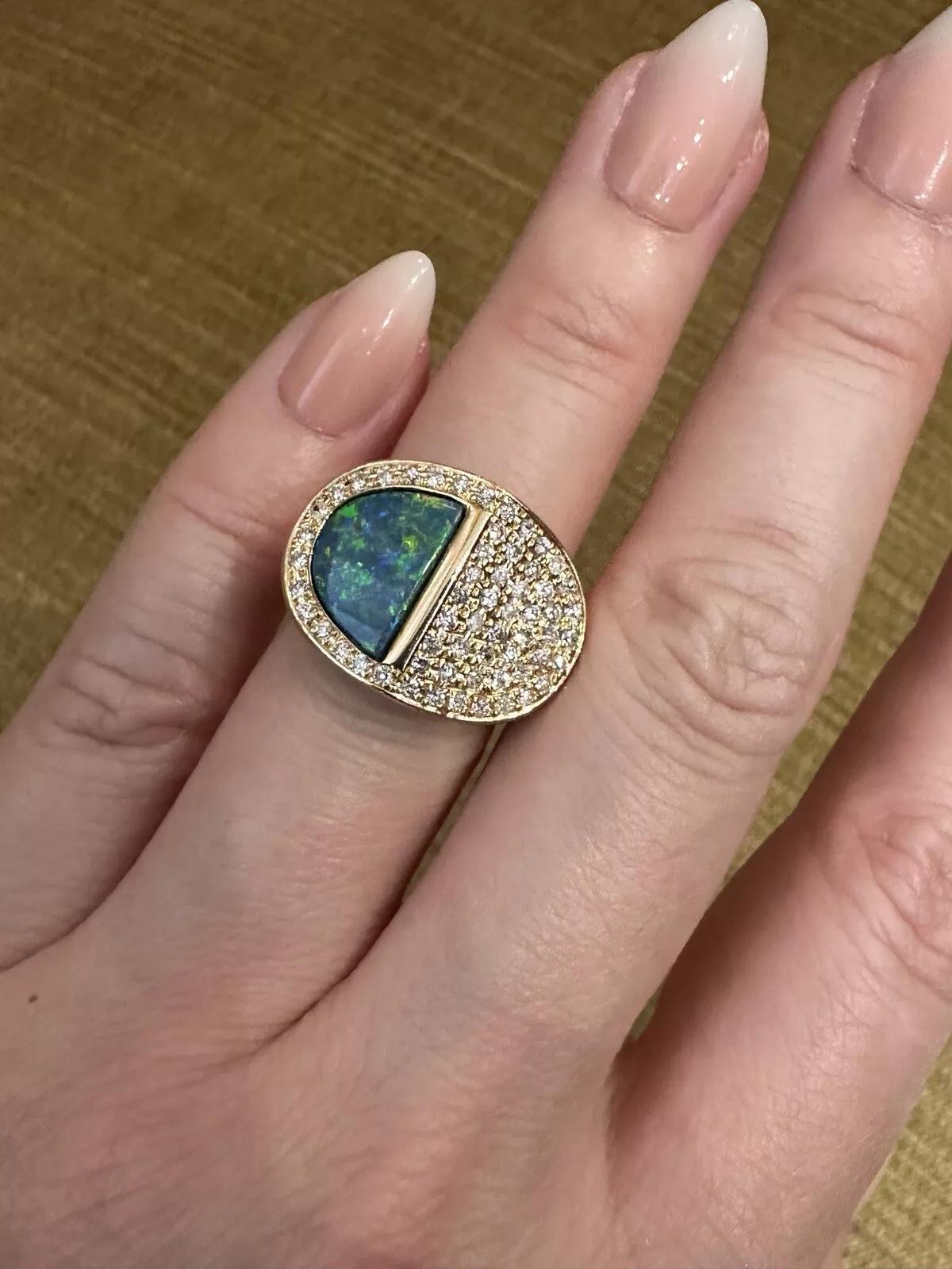Half Moon Cut Black Opal 2.36 carat and Diamond Ring in 18k Yellow Gold For Sale