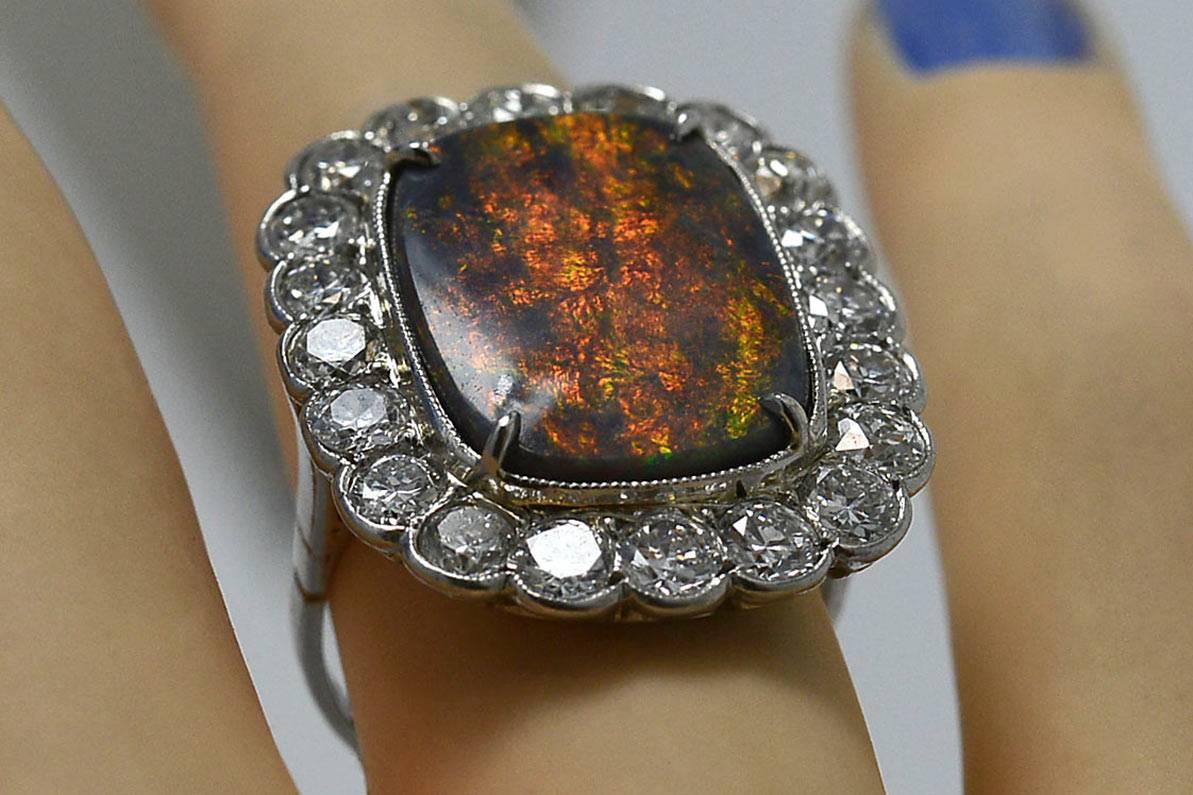 Cushion Cut Black Opal 9.79 Ct. Diamond 1930 Cocktail Ring Lightning Ridge Australia Vintage