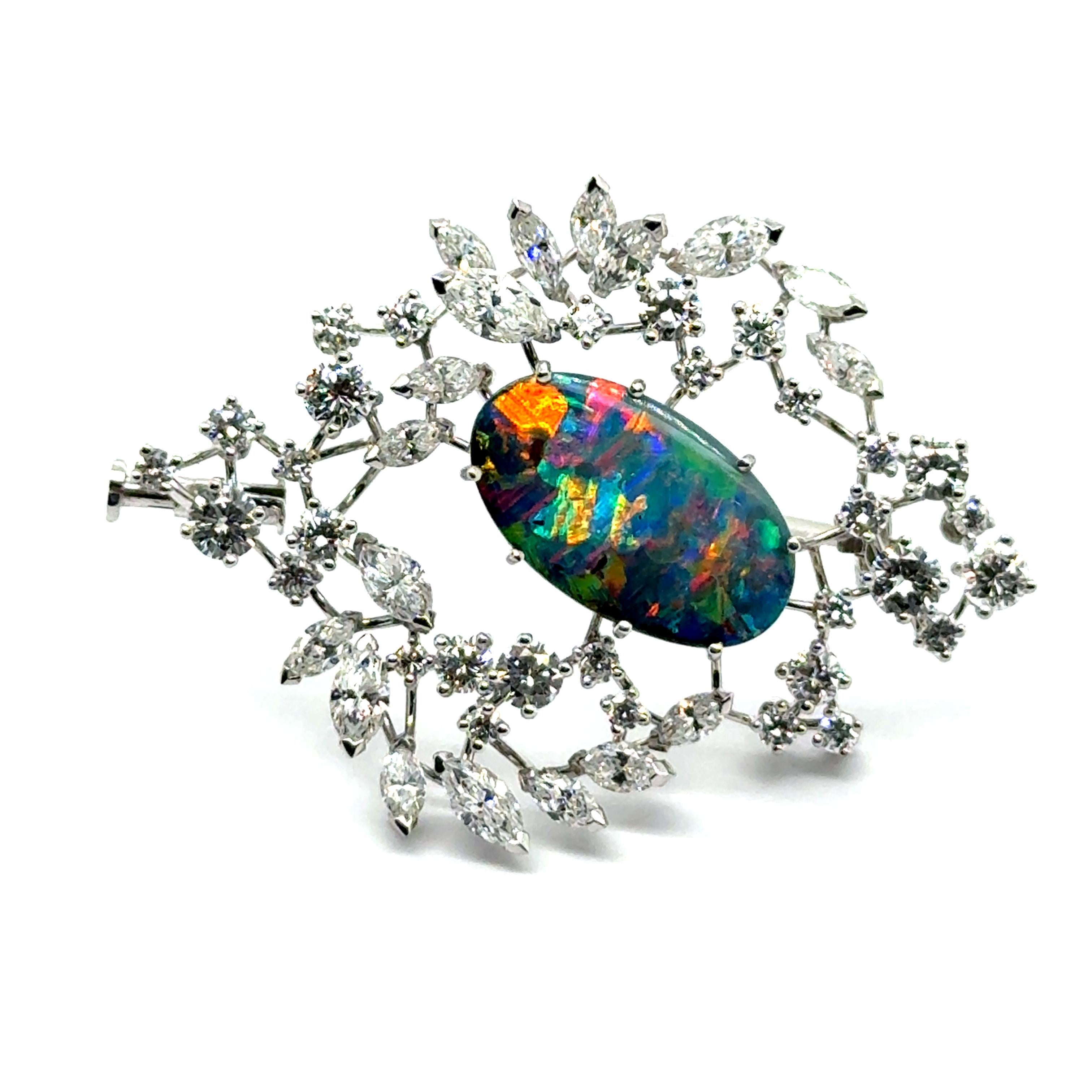 Modern Black Opal and Diamond Brooch in 18 Karat White Gold by Gübelin For Sale