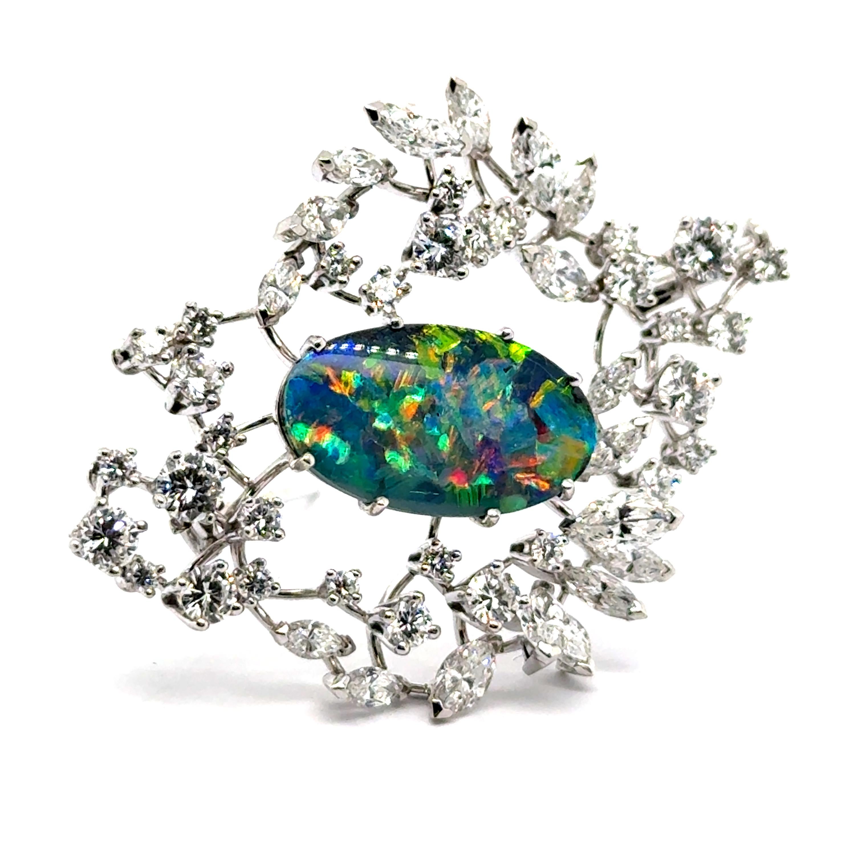Oval Cut Black Opal and Diamond Brooch in 18 Karat White Gold by Gübelin For Sale