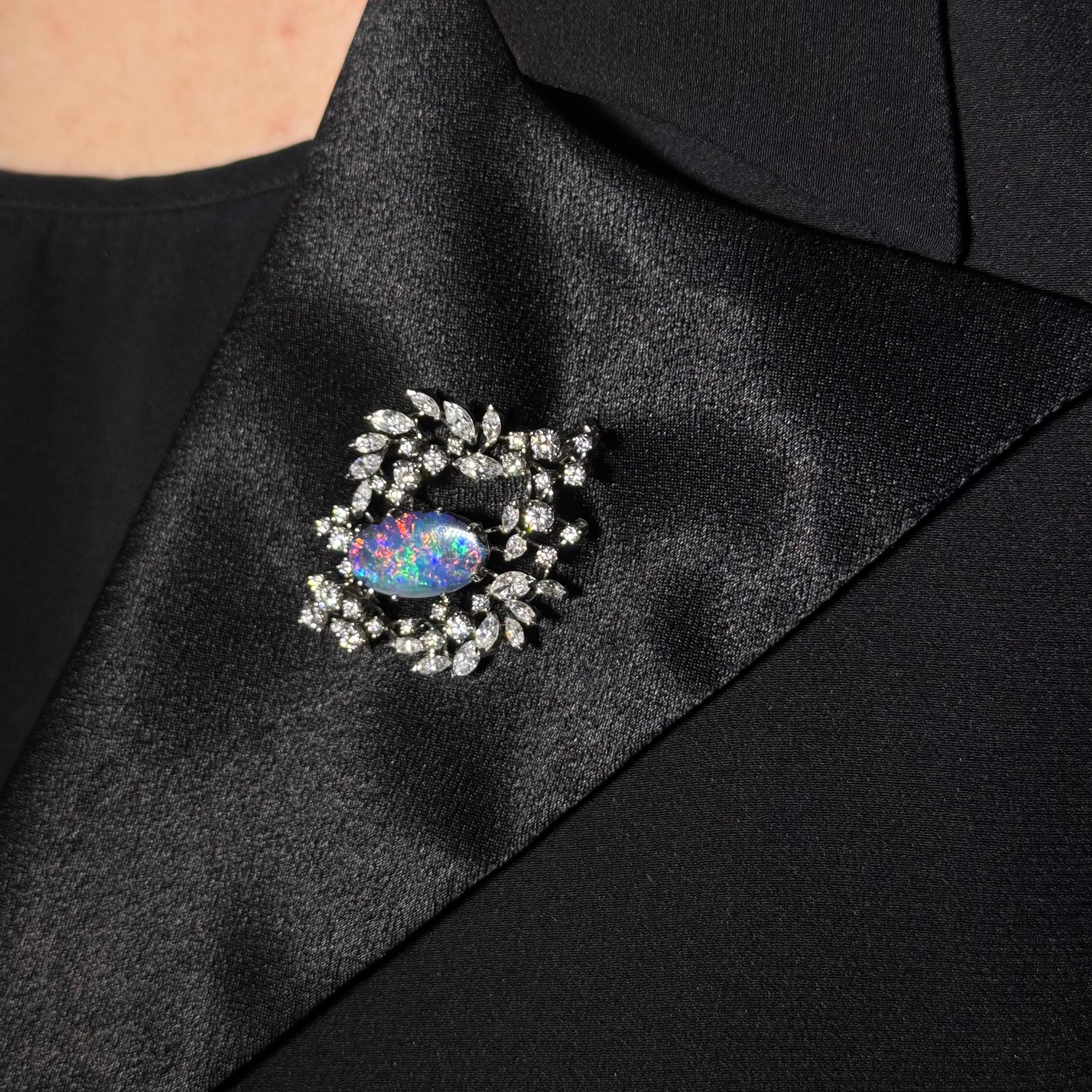 Black Opal and Diamond Brooch in 18 Karat White Gold by Gübelin In Excellent Condition For Sale In Lucerne, CH