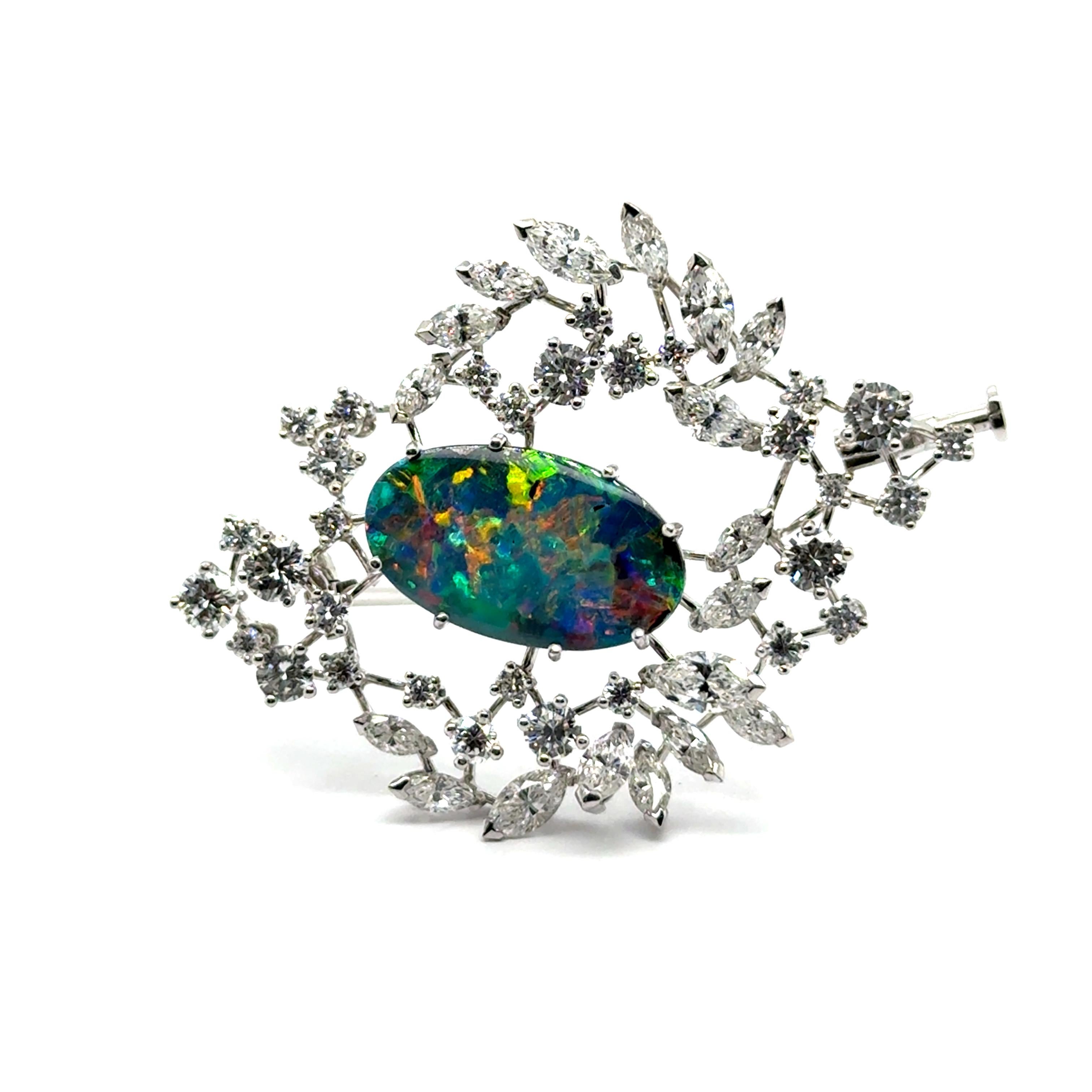 Black Opal and Diamond Brooch in 18 Karat White Gold by Gübelin For Sale 3
