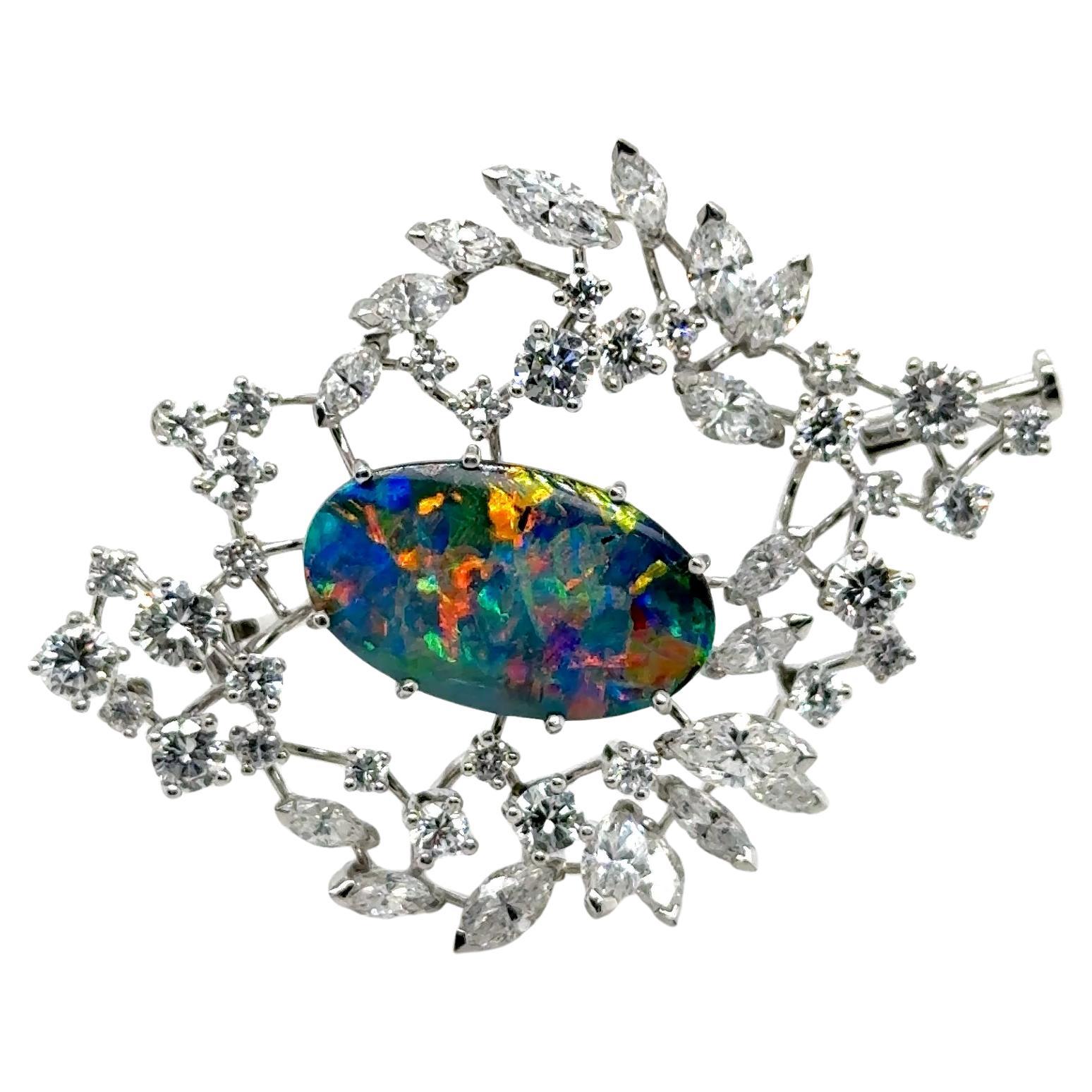 Black Opal and Diamond Brooch in 18 Karat White Gold by Gübelin