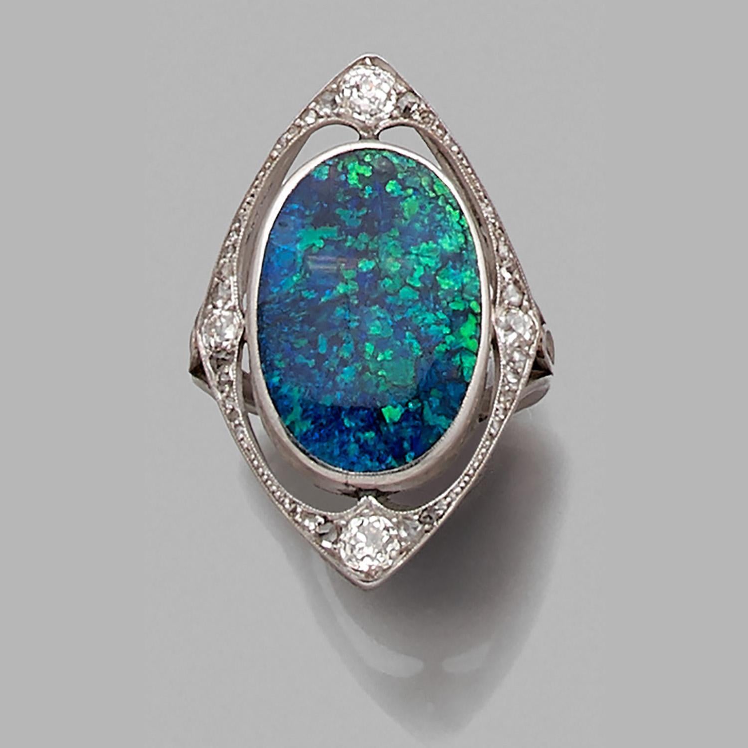 Art Nouveau Black Opal and Diamond Cluster Ring 1910ca