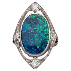 Antique Black Opal and Diamond Cluster Ring 1910ca