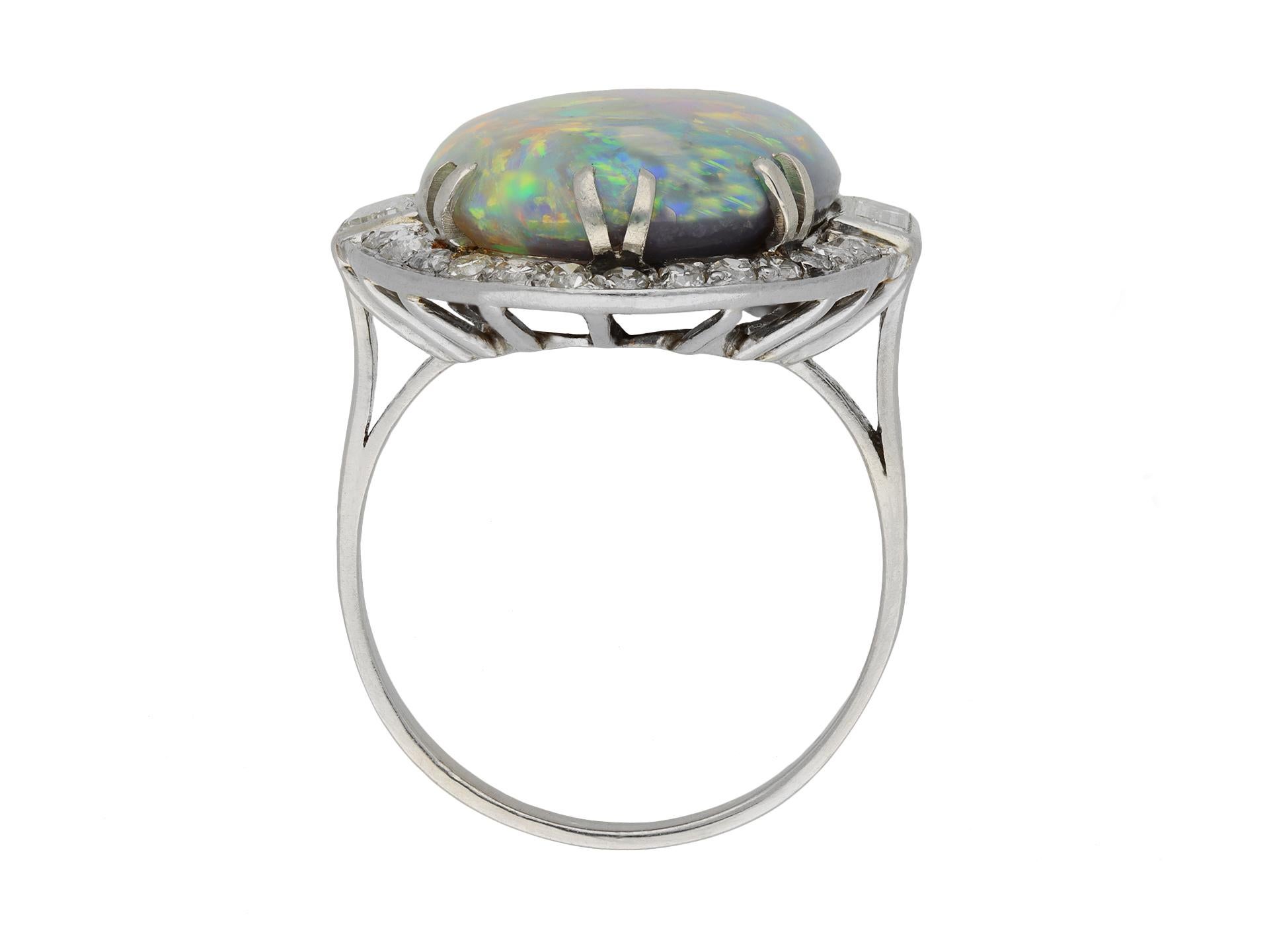 Art Deco Black Opal and Diamond Cluster Ring, circa 1925 For Sale