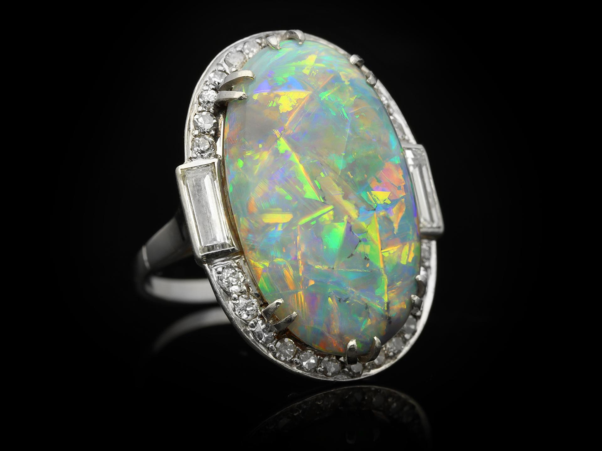 Women's or Men's Black Opal and Diamond Cluster Ring, circa 1925 For Sale