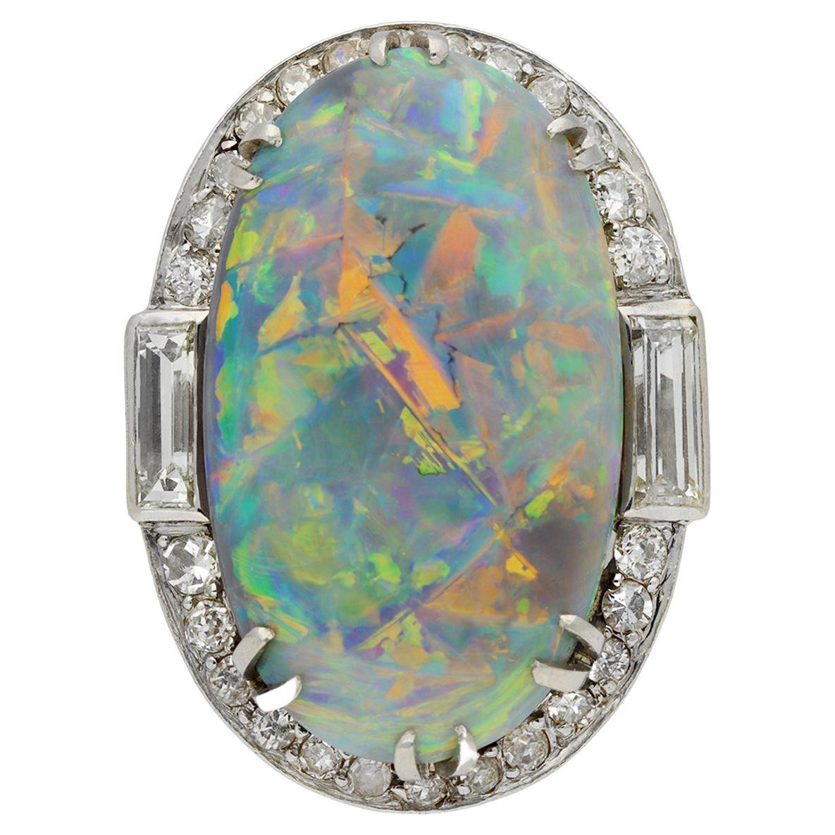 Black Opal and Diamond Cluster Ring, circa 1925 For Sale
