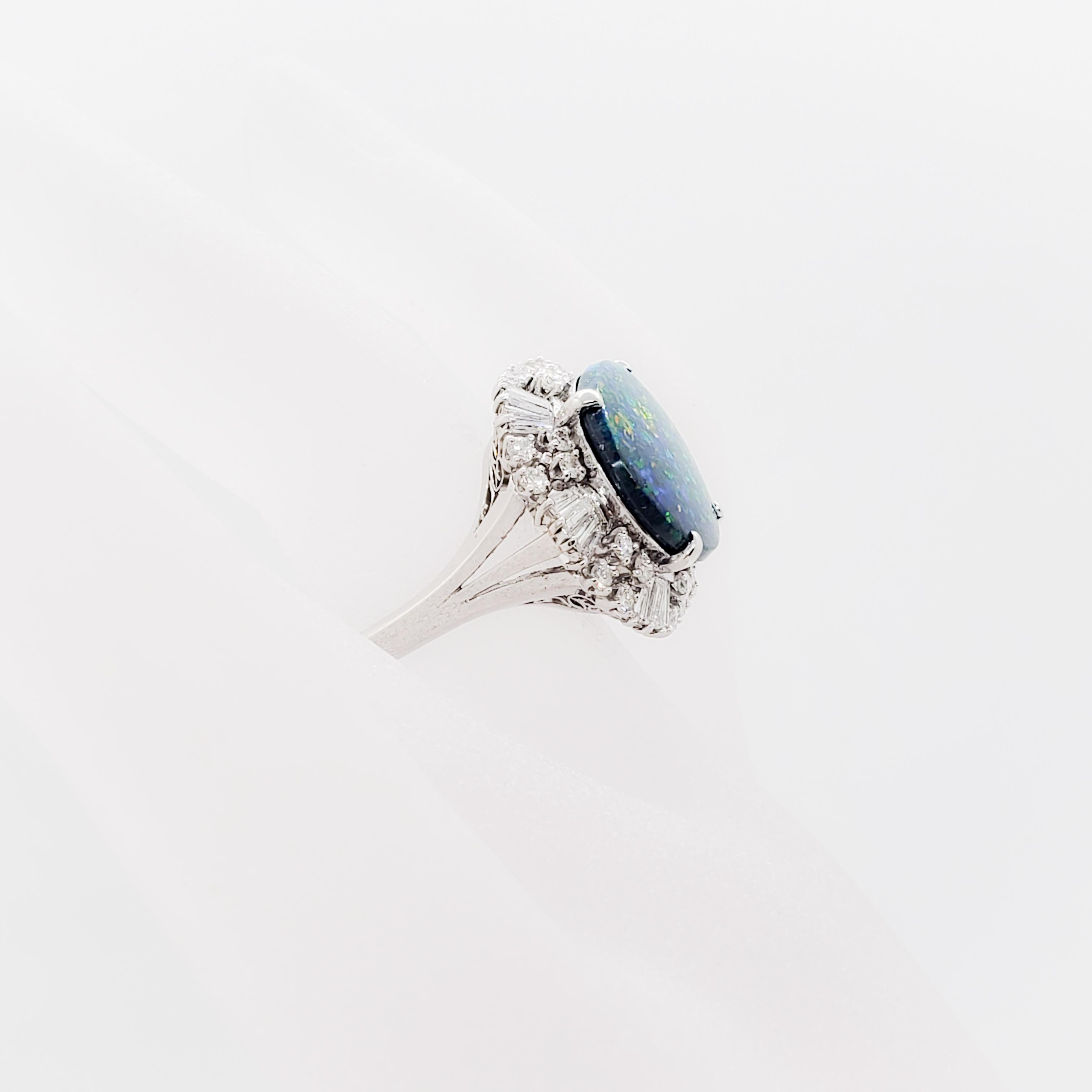 Round Cut Black Opal and Diamond Cocktail Ring in Platinum