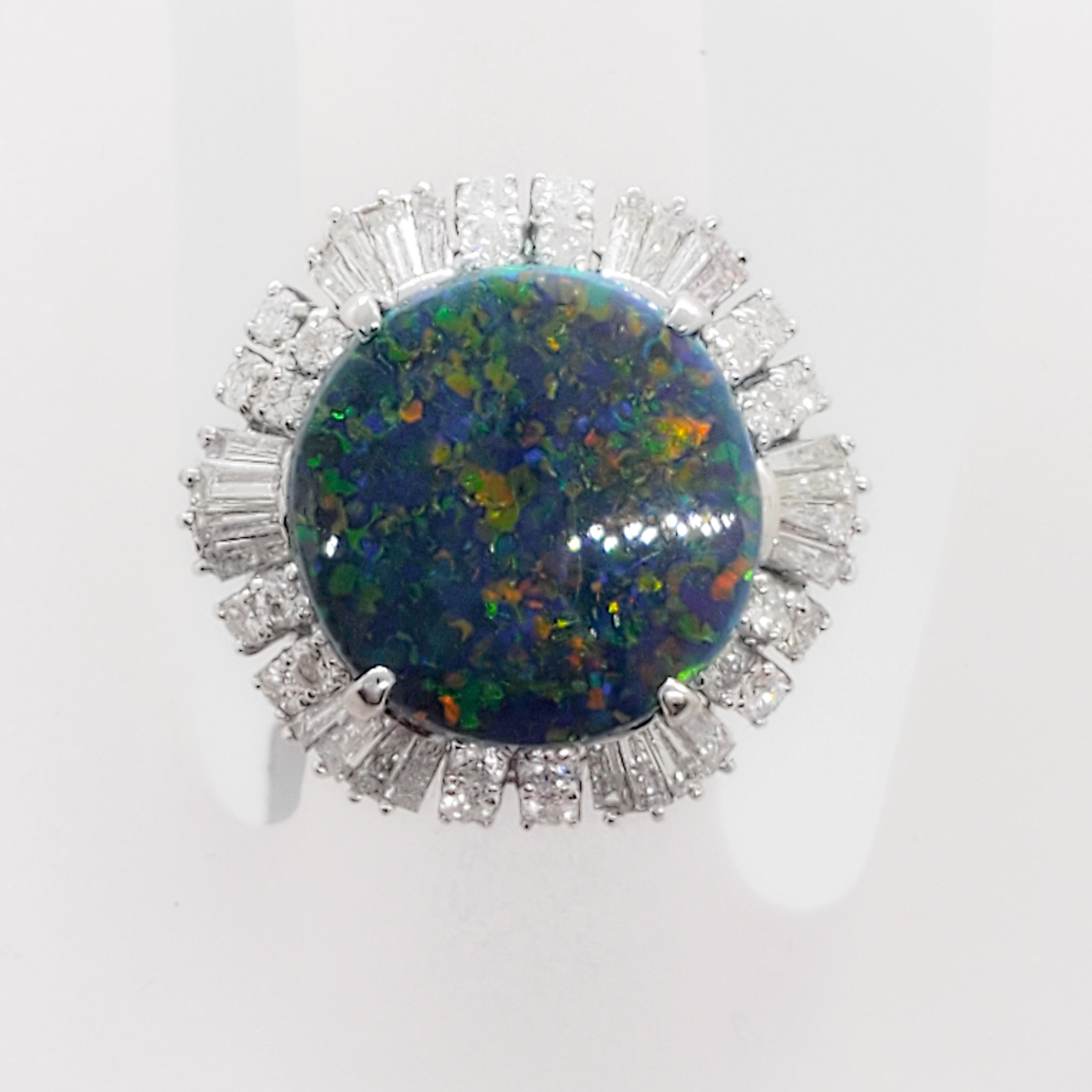 Women's or Men's Black Opal and Diamond Cocktail Ring in Platinum