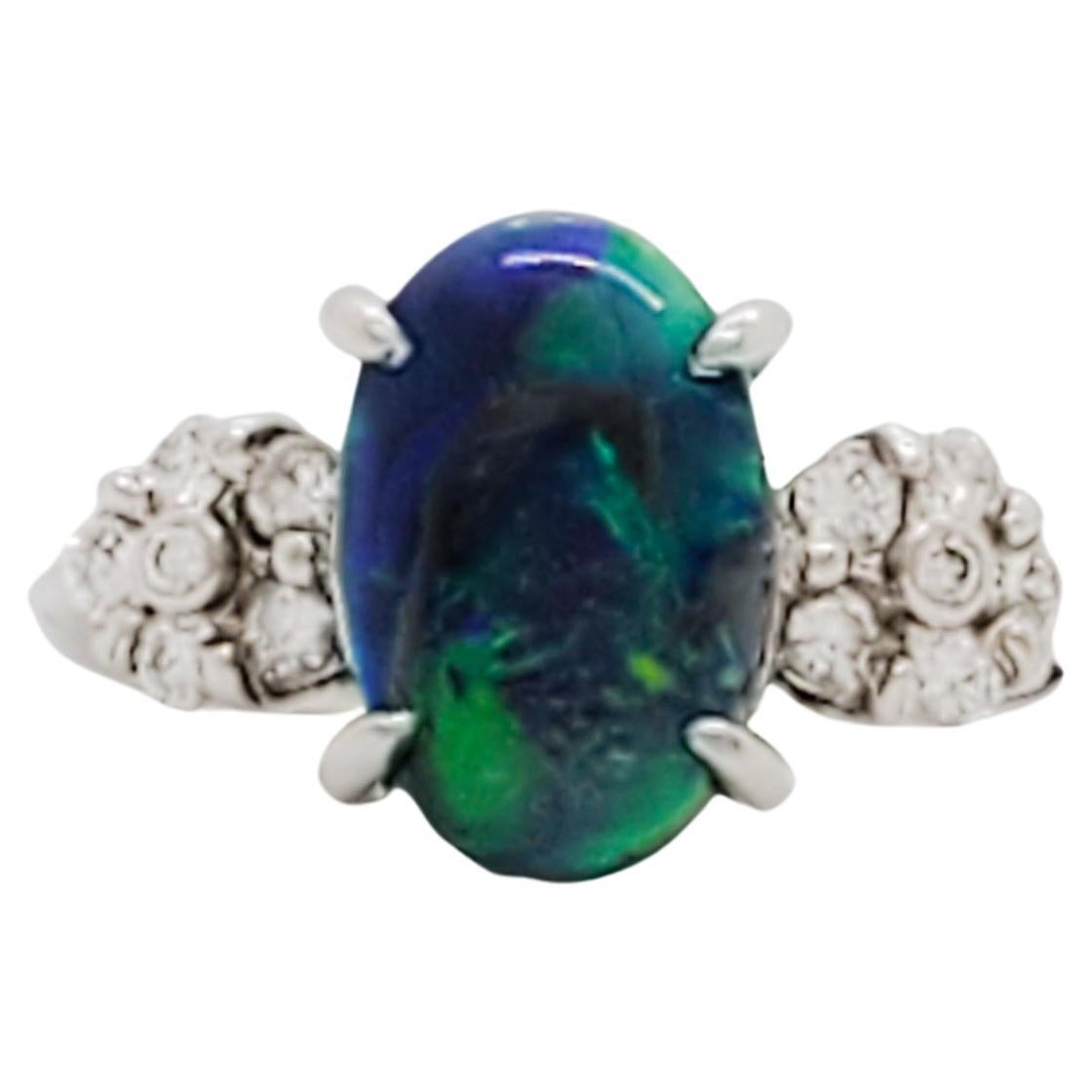 Black Opal and Diamond Cocktail Ring in Platinum For Sale