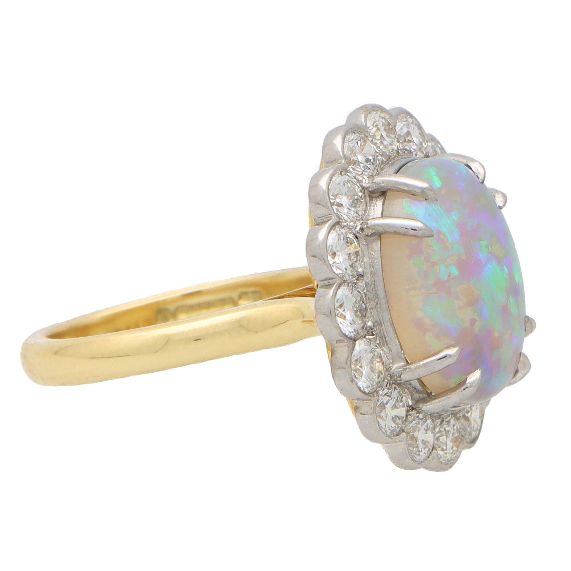Round Cut Black Opal and Diamond Floral Cluster Ring Set in 18k Gold and Platinum