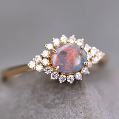 Black Opal and Diamond Halo Engagement Ring 18K Yellow Gold