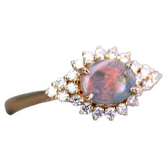 Black Opal and Diamond Halo Engagement Ring 18K Yellow Gold