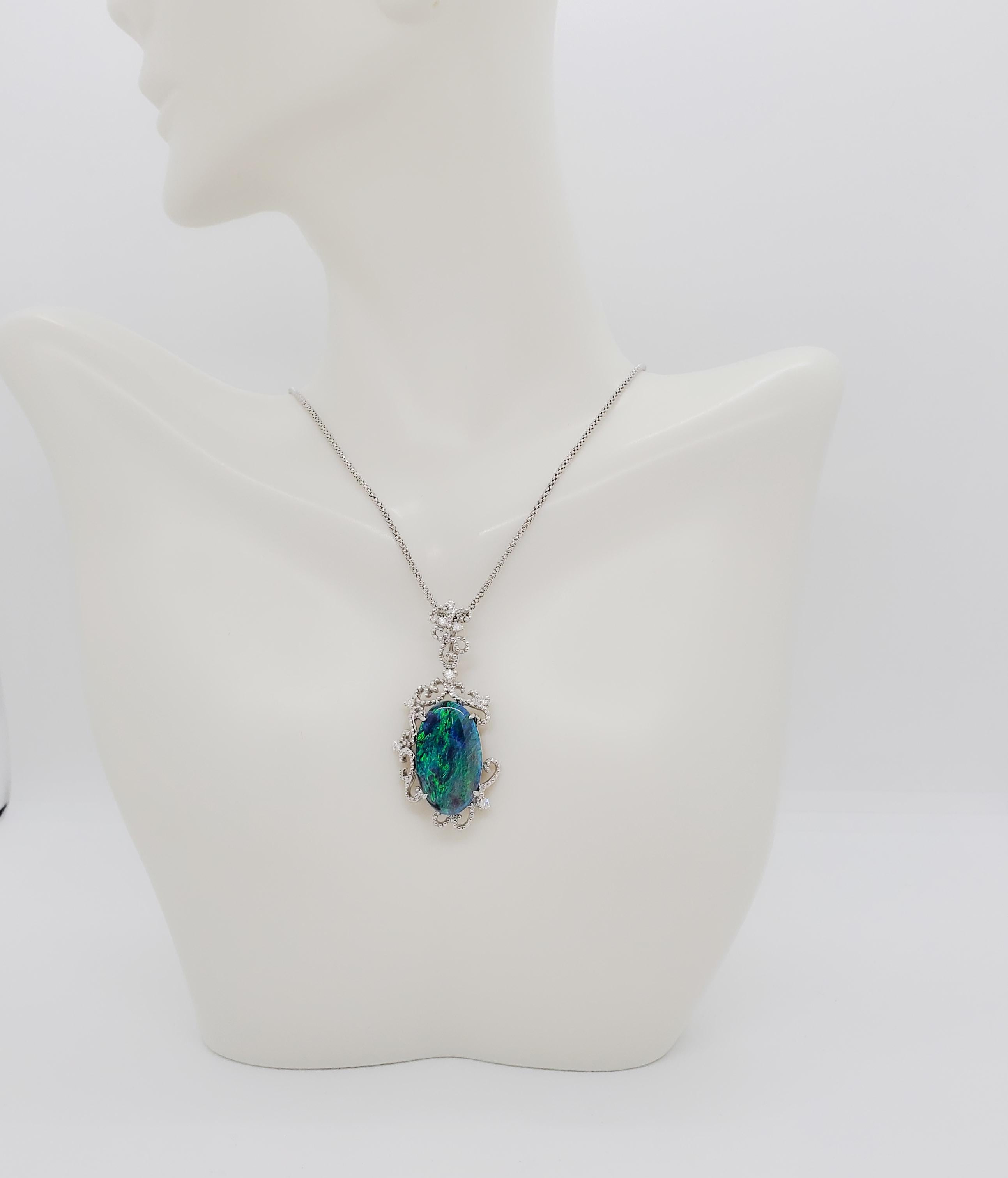 Oval Cut Black Opal and Diamond Pendant Necklace in 18k White Gold