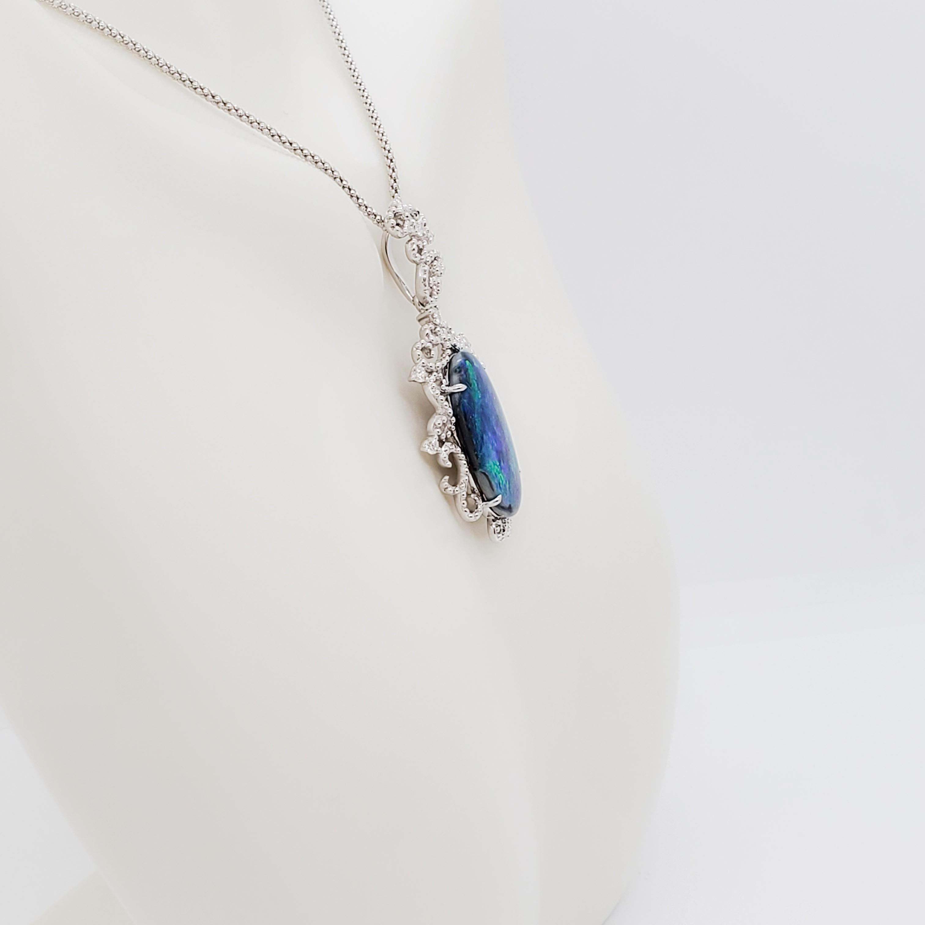 Black Opal and Diamond Pendant Necklace in 18k White Gold In New Condition In Los Angeles, CA