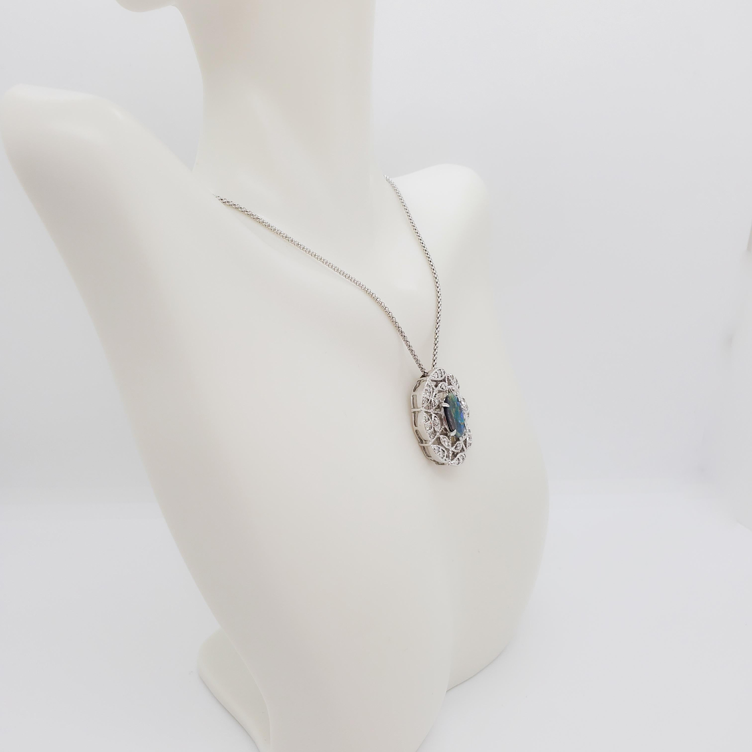 Black Opal and Diamond Pendant Necklace in 18k White Gold In New Condition For Sale In Los Angeles, CA
