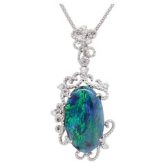 Black Opal and Diamond Pendant Necklace in 18k White Gold