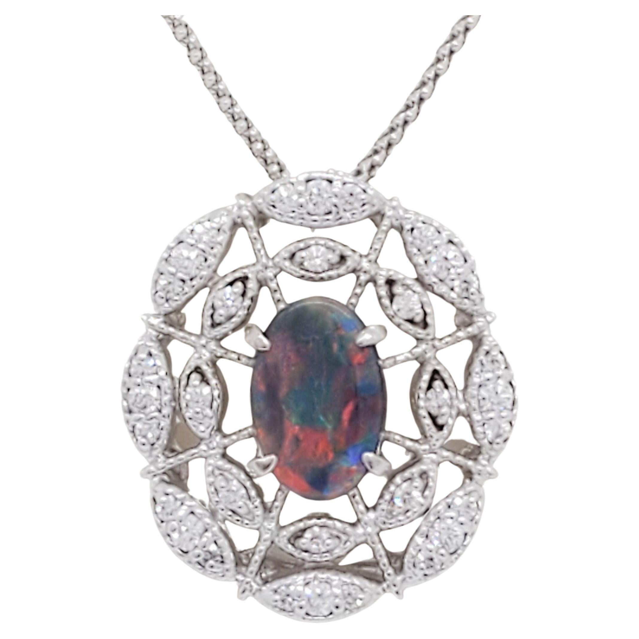 Black Opal and Diamond Pendant Necklace in 18k White Gold For Sale
