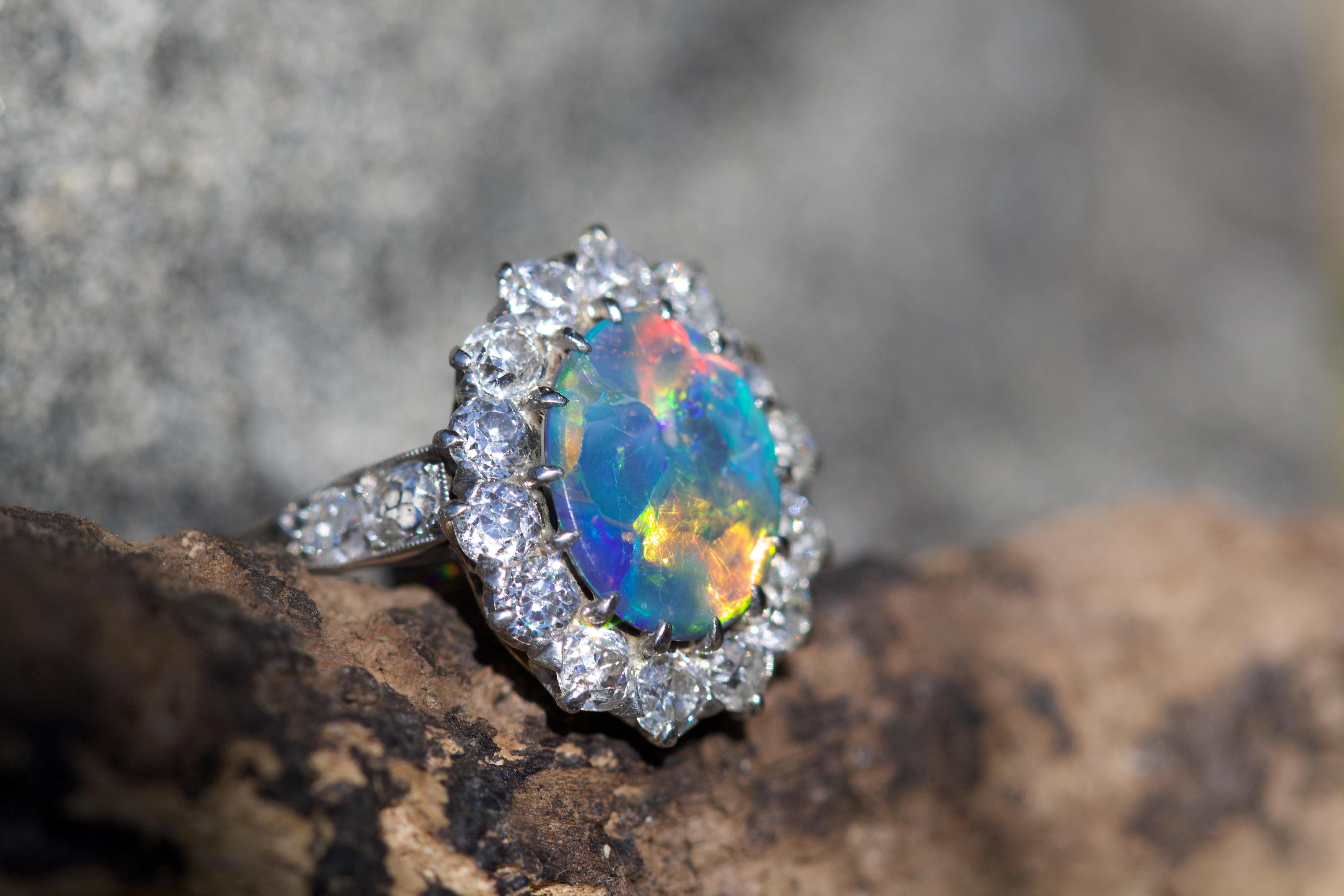 Black Opal and Diamond Platinum Ring In Excellent Condition In Banbury, GB