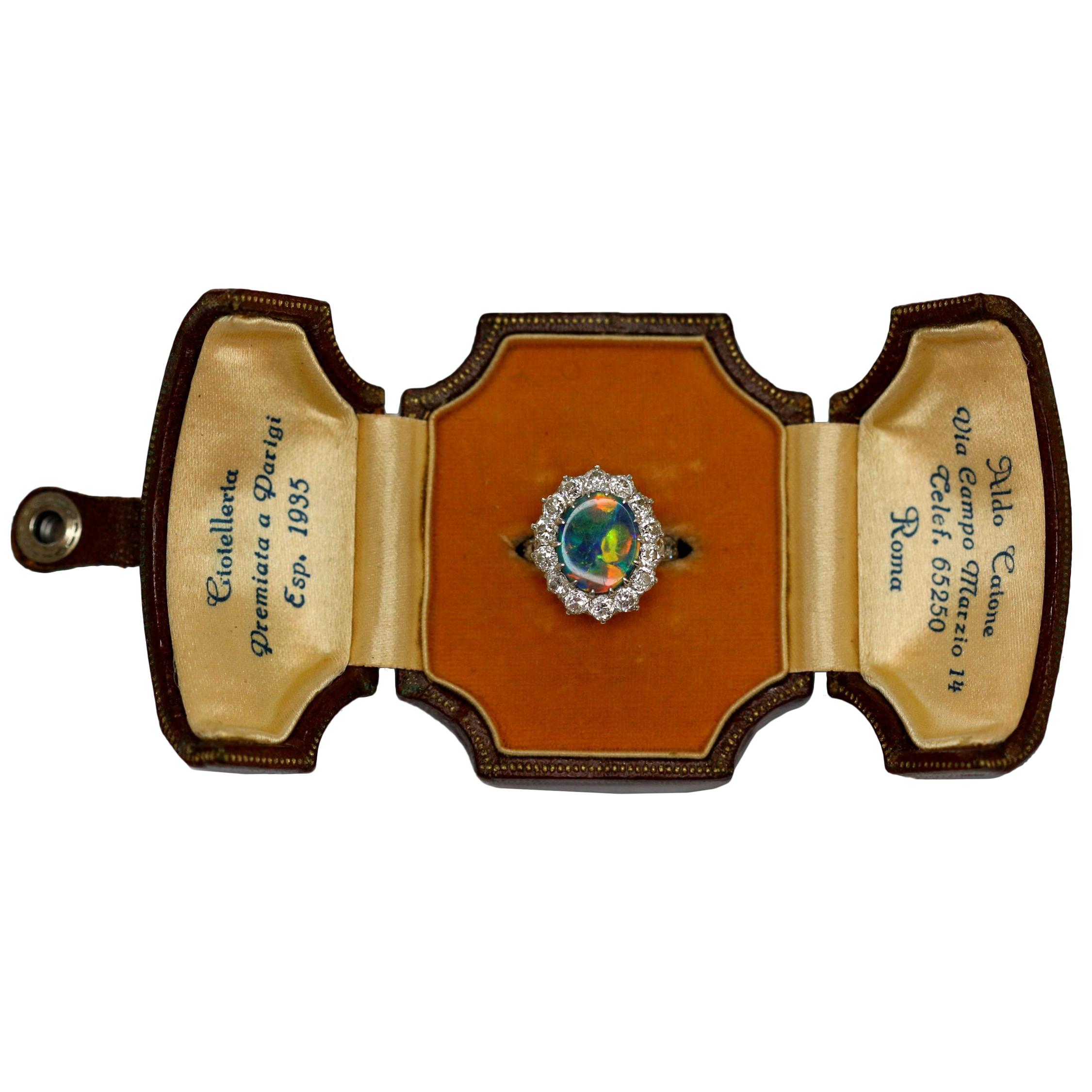 Black Opal and Diamond Platinum Ring