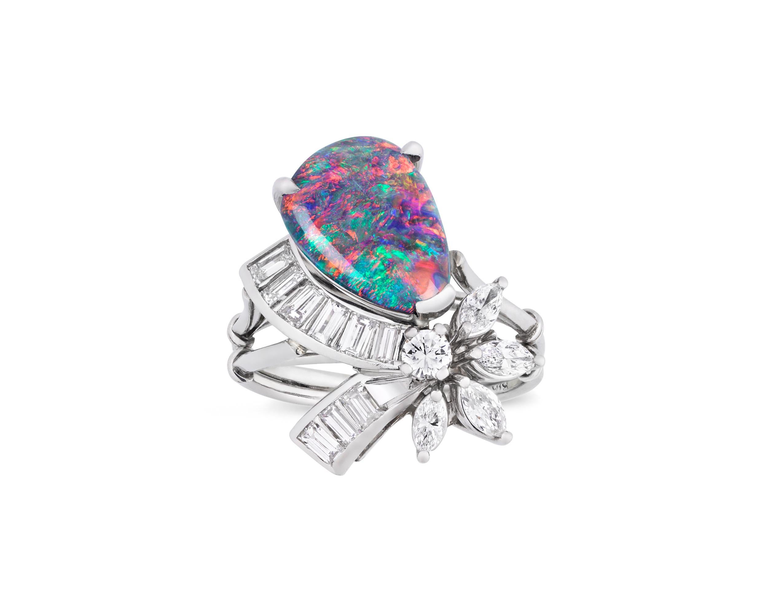 Modern Black Opal and Diamond Ring, 1.77 Carat