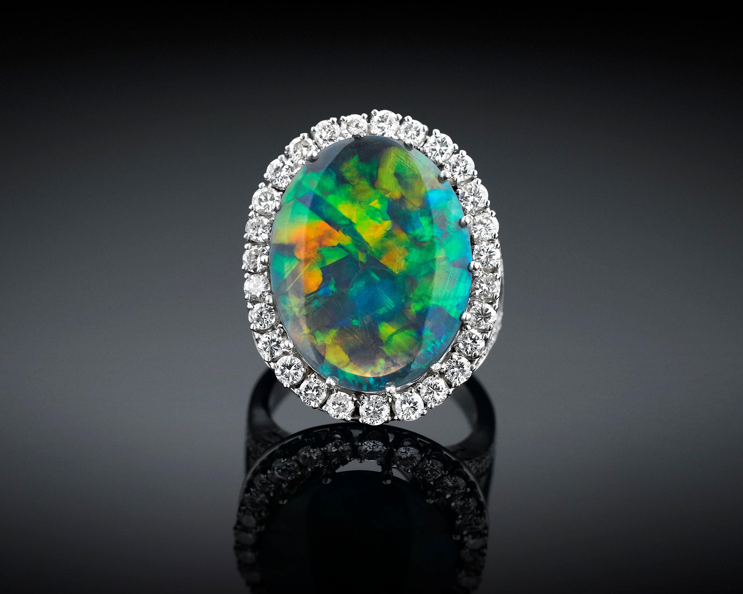 Contemporary Black Opal and Diamond Ring 9.10 Carats