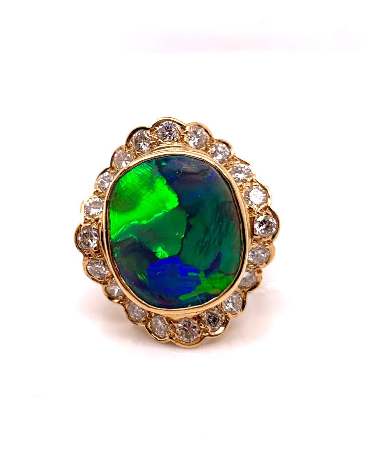 Round Cut Black Opal and Diamond Ring For Sale
