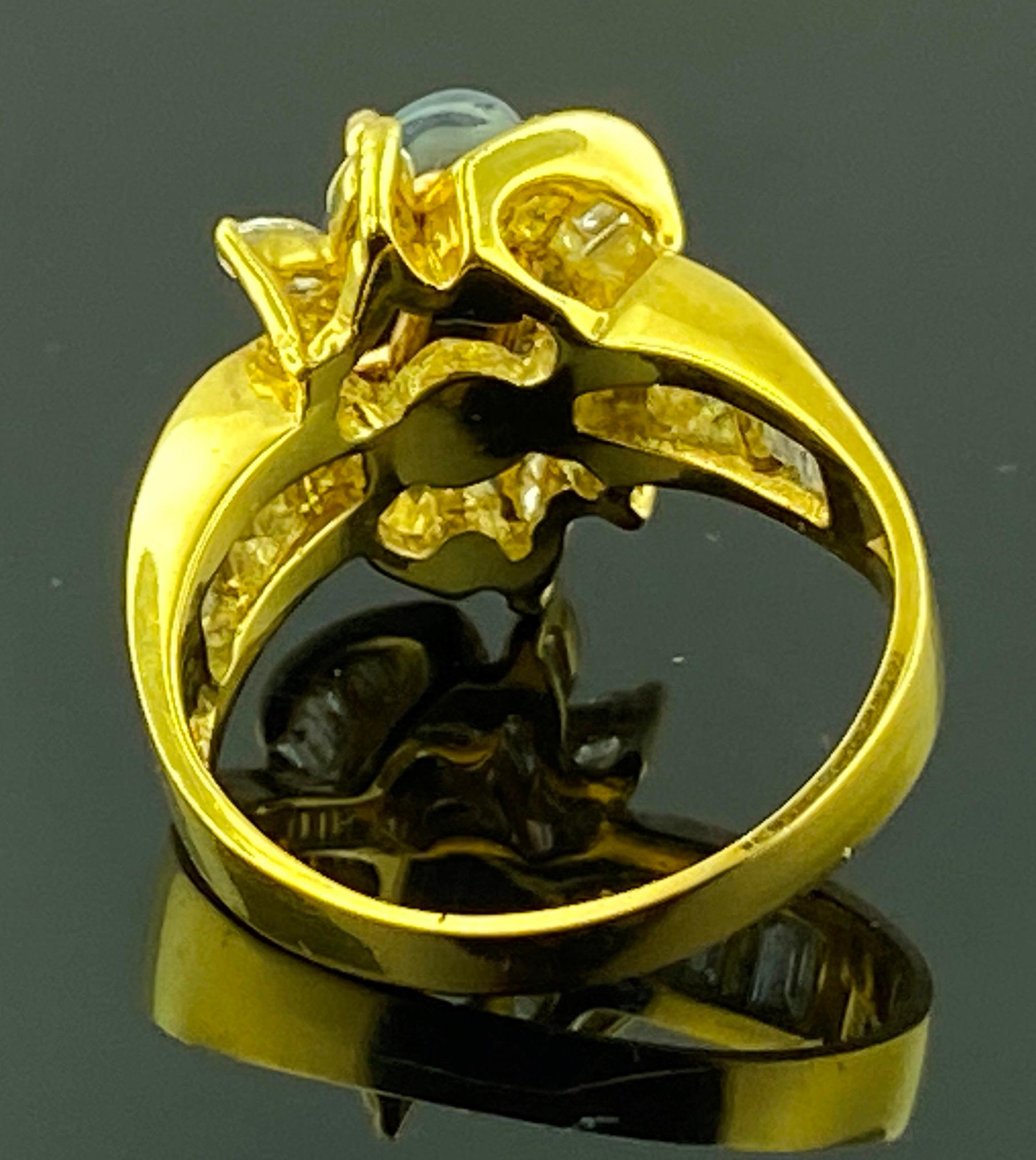 Women's or Men's Black Opal and Diamond Ring in 18 Karat Yellow Gold