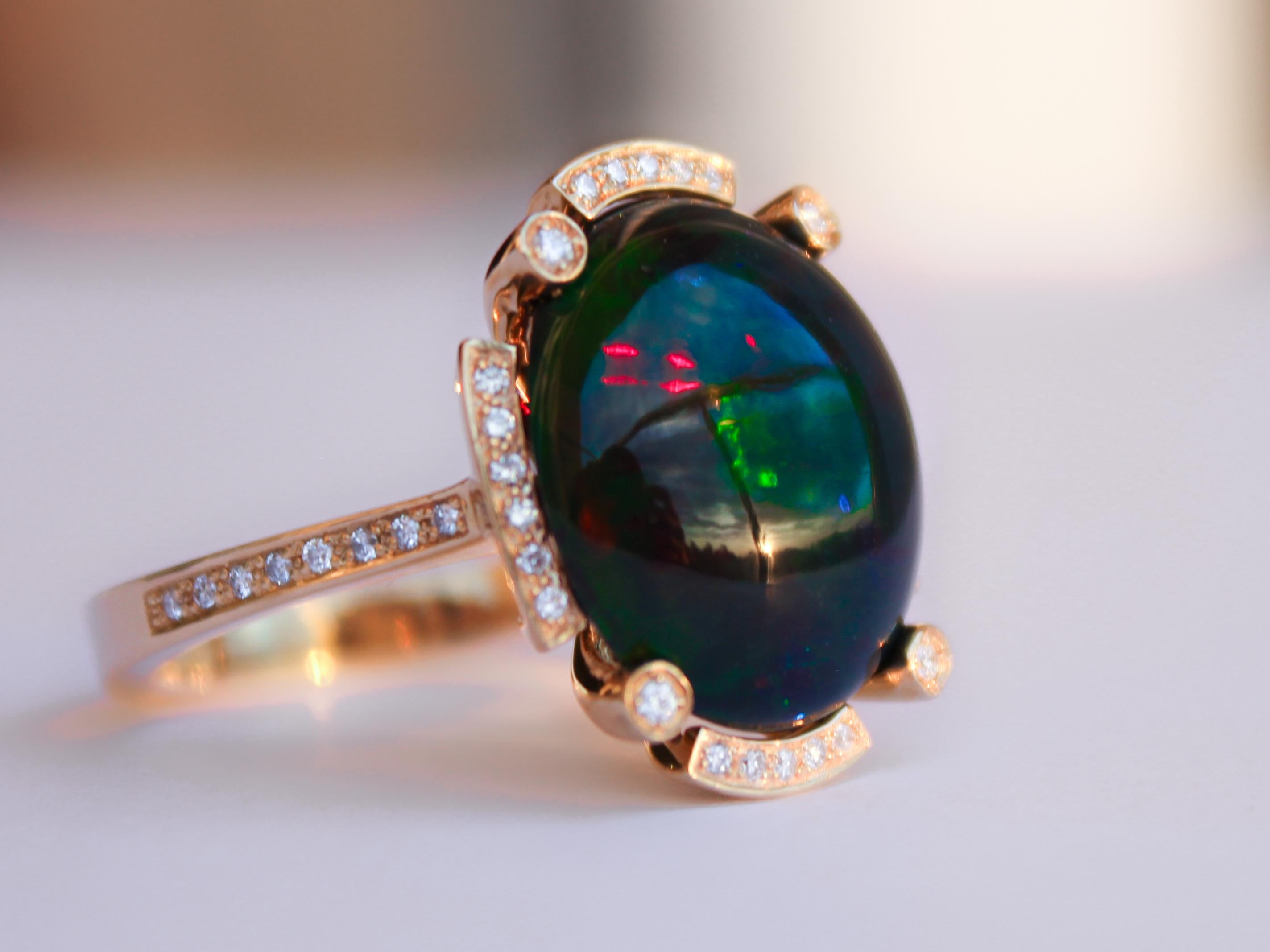 En vente :  Bague en or 14k avec opale noire et diamants. Bague en or avec opale ! 4