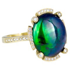 Black Opal and Diamonds Ring in 14k Gold, Genuine Opal Ring, Gold Ring with Opal